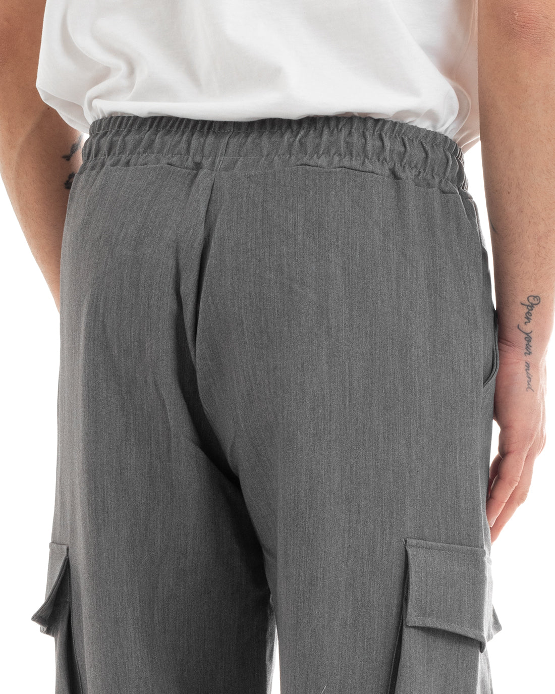 Pantaloni Uomo Lunghi Viscosa Casual Jogger Cargo Con Tasconi Con Elastico Alla Caviglia Tinta Unita Grigio GIOSAL-P5652A