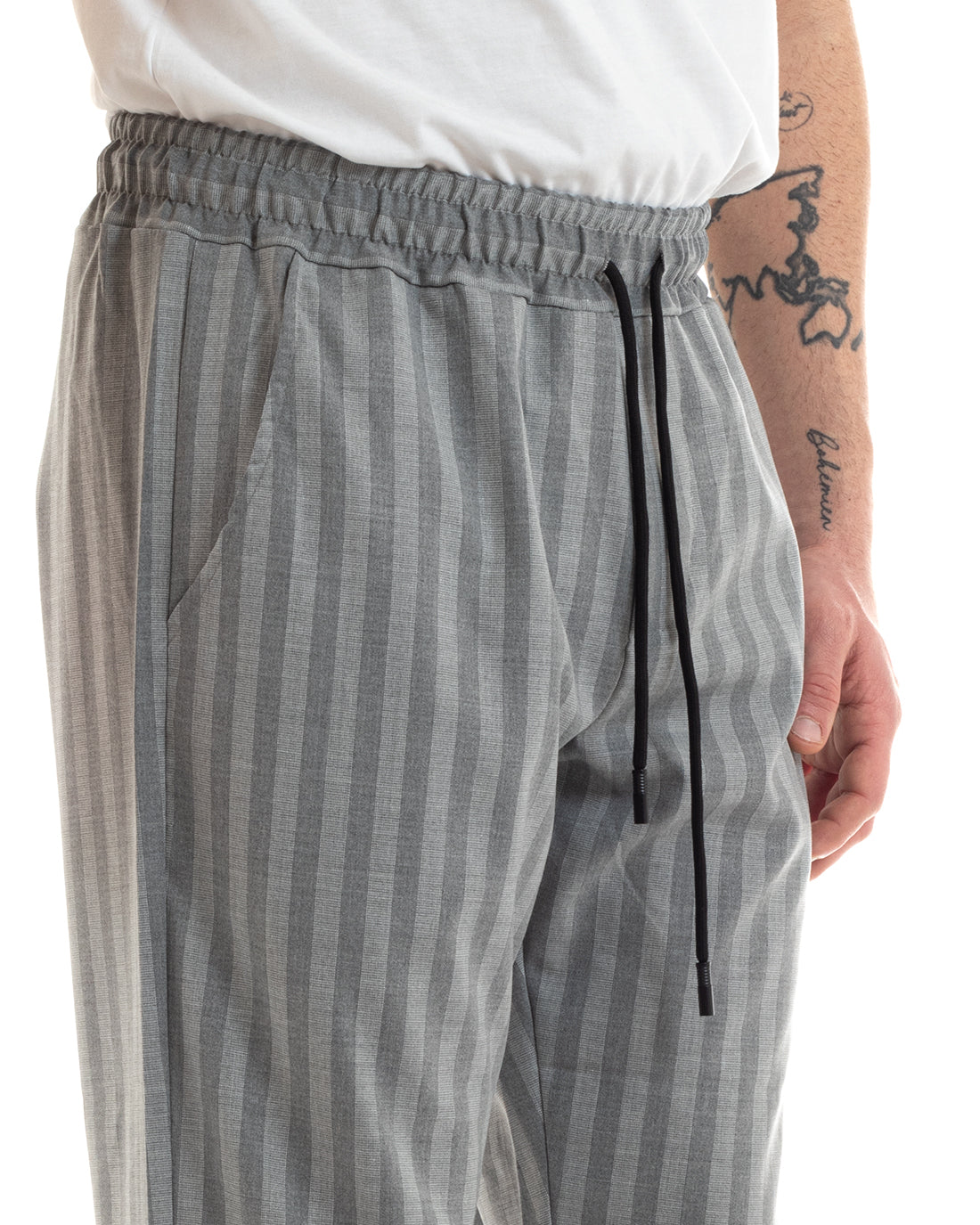 Pantaloni Uomo Pantalaccio Comodo Regular Fit Gessato Con Elastico Casual Grigio Rigato GIOSAL-P5653A
