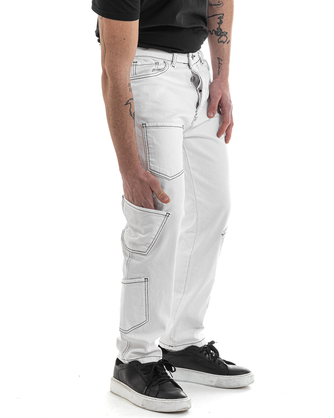 Pantaloni Uomo Lungo Cargo Jeans Bianco Tasche Straight Fit GIOSAL-P5661A