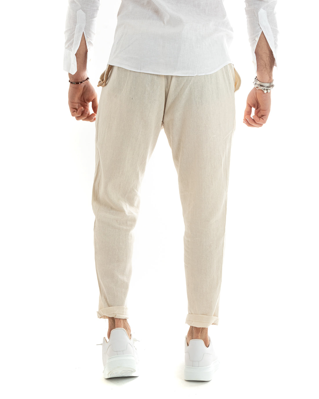 Pantaloni Uomo Lino Lungo Bottone Classico Casual Tinta Unita Beige GIOSAL-P5788A