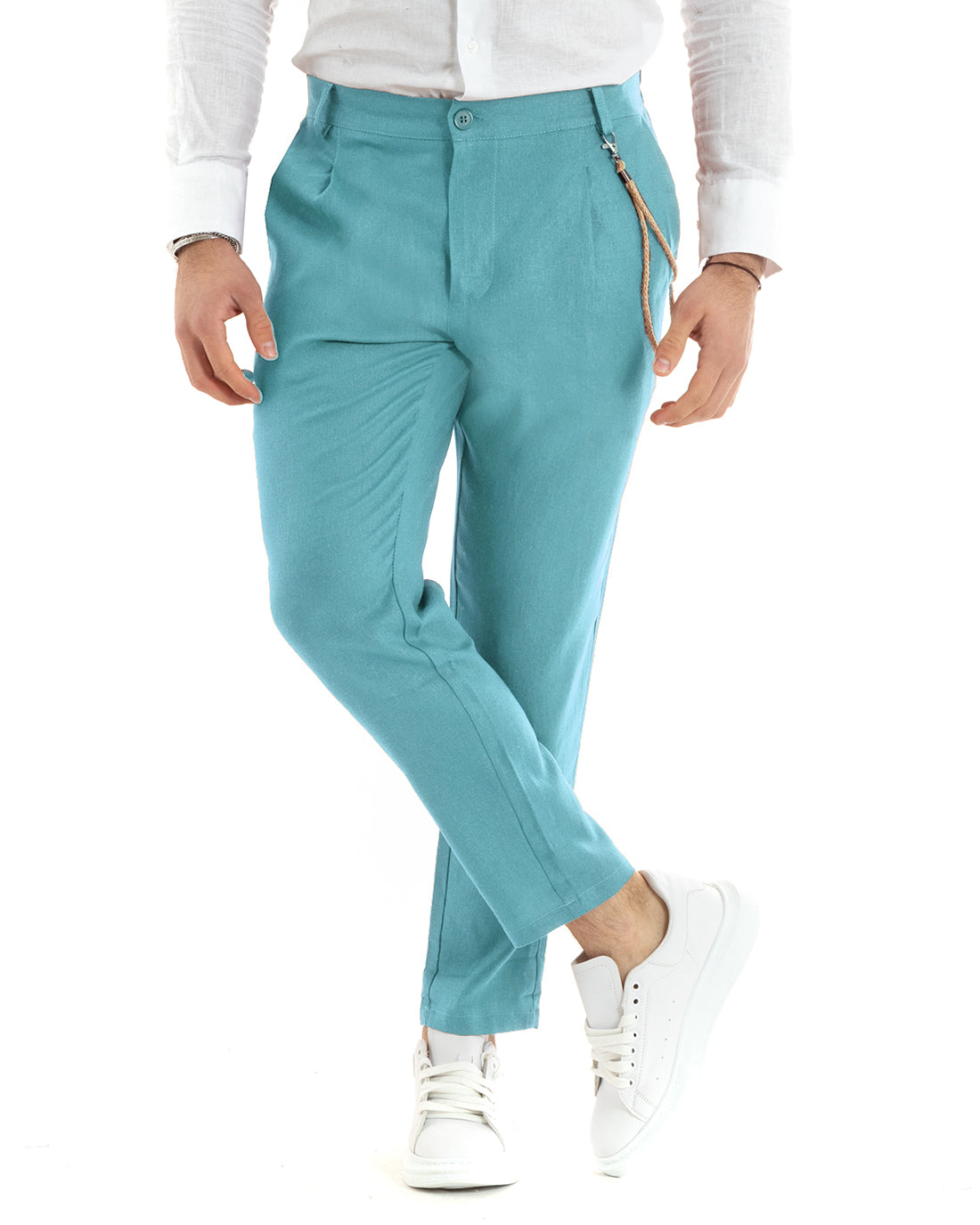 Pantaloni Uomo Lino Lungo Bottone Classico Casual Tinta Unita Azzurro GIOSAL-P5803A