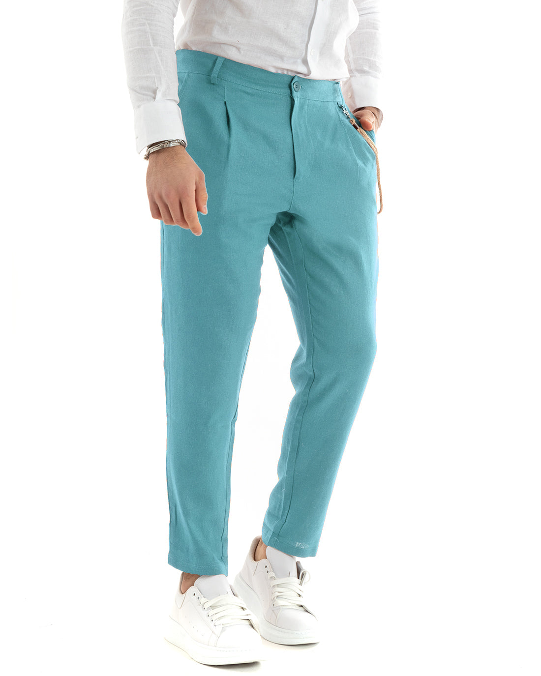 Pantaloni Uomo Lino Lungo Bottone Classico Casual Tinta Unita Azzurro GIOSAL-P5803A