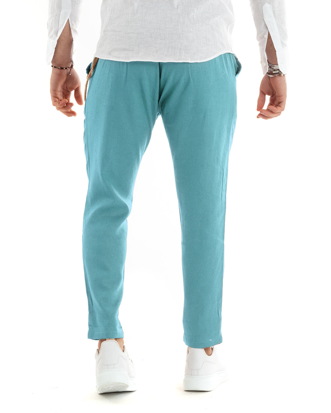 Pantaloni Uomo Lino Lungo Bottone Classico Casual Tinta Unita Azzurro GIOSAL-P5803A