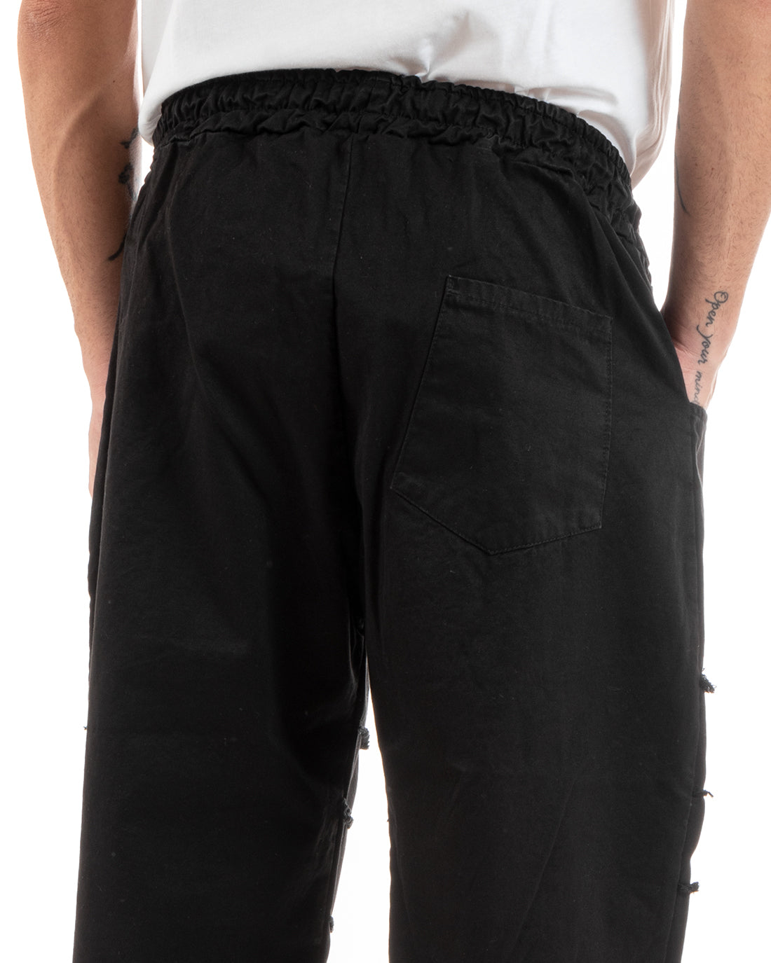 Pantaloni Uomo Denim Jogger Con Rotture Sfrangiato Pantalaccio Con Coulisse Ripped Casual Tinta Unita Nero GIOSAL-P5851A