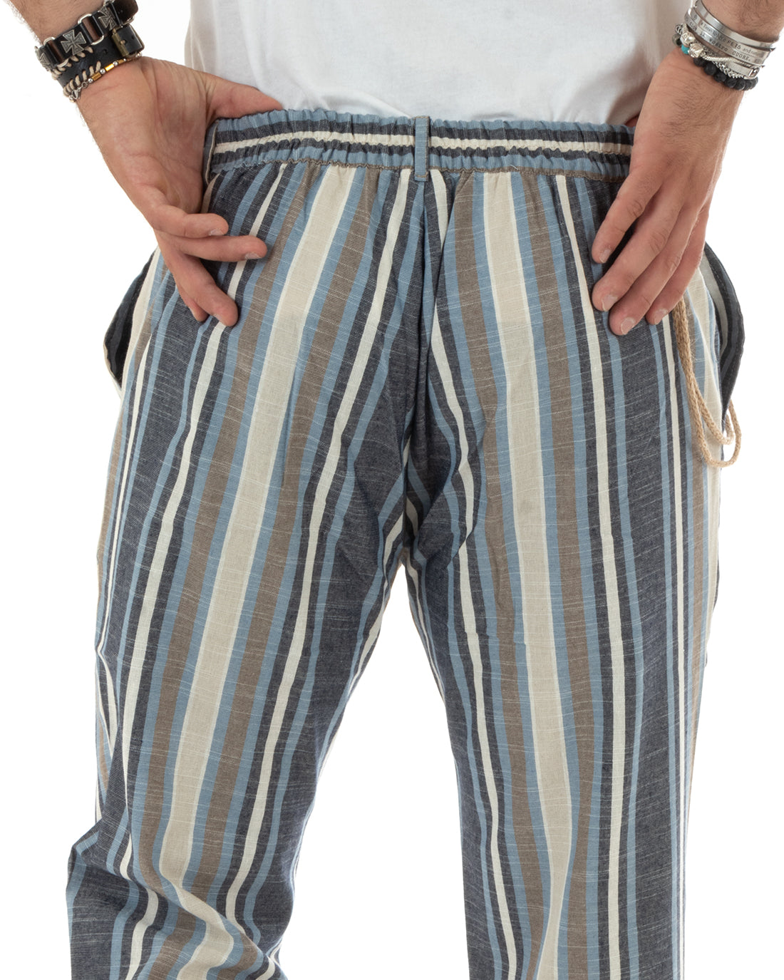 Pantaloni Uomo Lino Rigato Bicolore Blu Catena Elegante Casual Elastico Sul Retro GIOSAL-P5884A