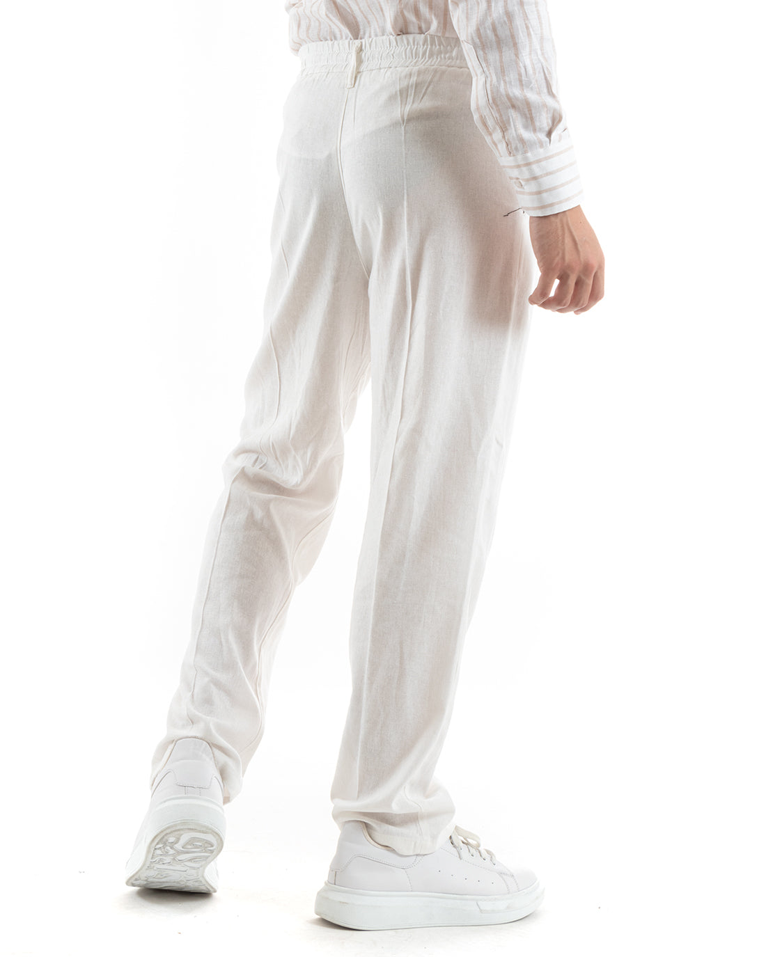 Pantaloni Uomo Baggy Lungo Abbottonatura Allungata Elastico Sul Retro Lino Bianco Casual GIOSAL-P5894A
