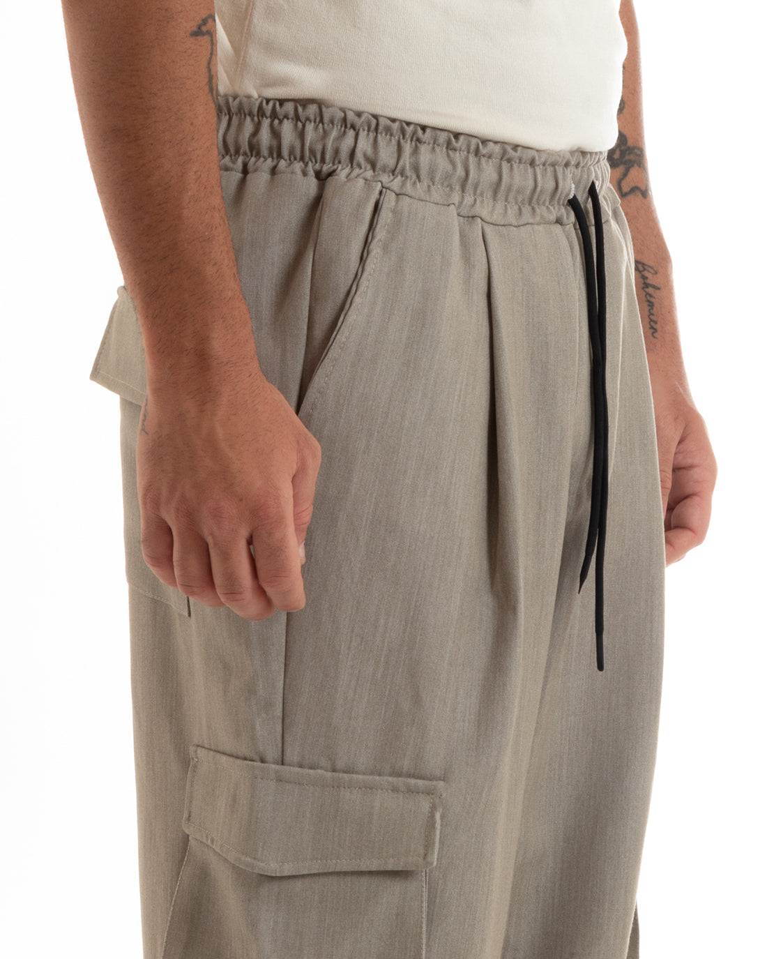 Pantaloni Uomo Baggy Lunghi Wide Leg Pantalaccio Fondo Largo Jogger Cargo Con Tasconi Beige Melangiato GIOSAL-P5919A