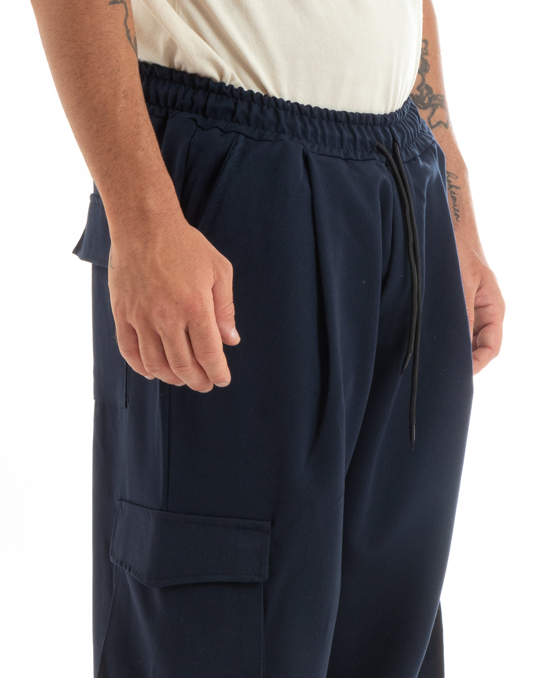 Pantaloni Uomo Baggy Lungo Pantalaccio Fondo Largo Cargo Tasconi Blu GIOSAL-P5920A