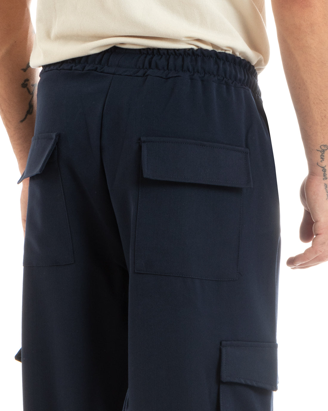 Pantaloni Uomo Baggy Lungo Pantalaccio Fondo Largo Cargo Tasconi Blu GIOSAL-P5920A