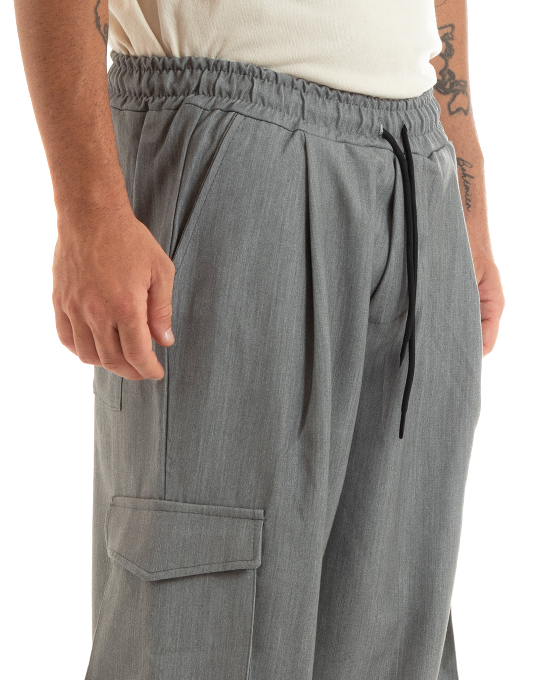 Pantaloni Uomo Baggy Lunghi Wide Leg Pantalaccio Fondo Largo Jogger Cargo Con Tasconi Grigio Melangiato GIOSAL-P5922A