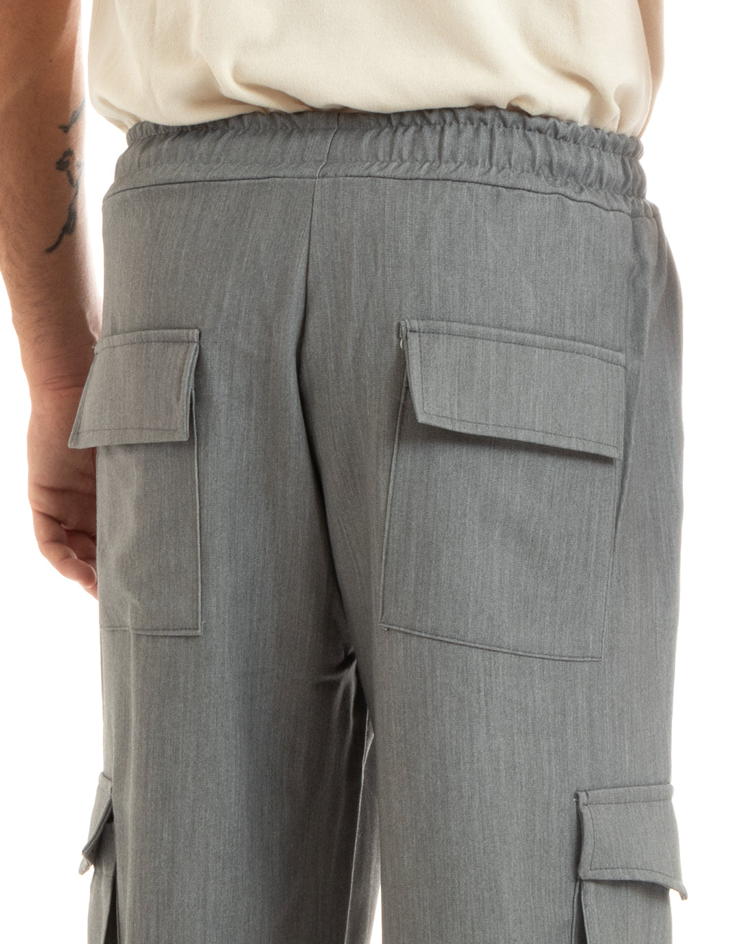 Pantaloni Uomo Baggy Lunghi Wide Leg Pantalaccio Fondo Largo Jogger Cargo Con Tasconi Grigio Melangiato GIOSAL-P5922A