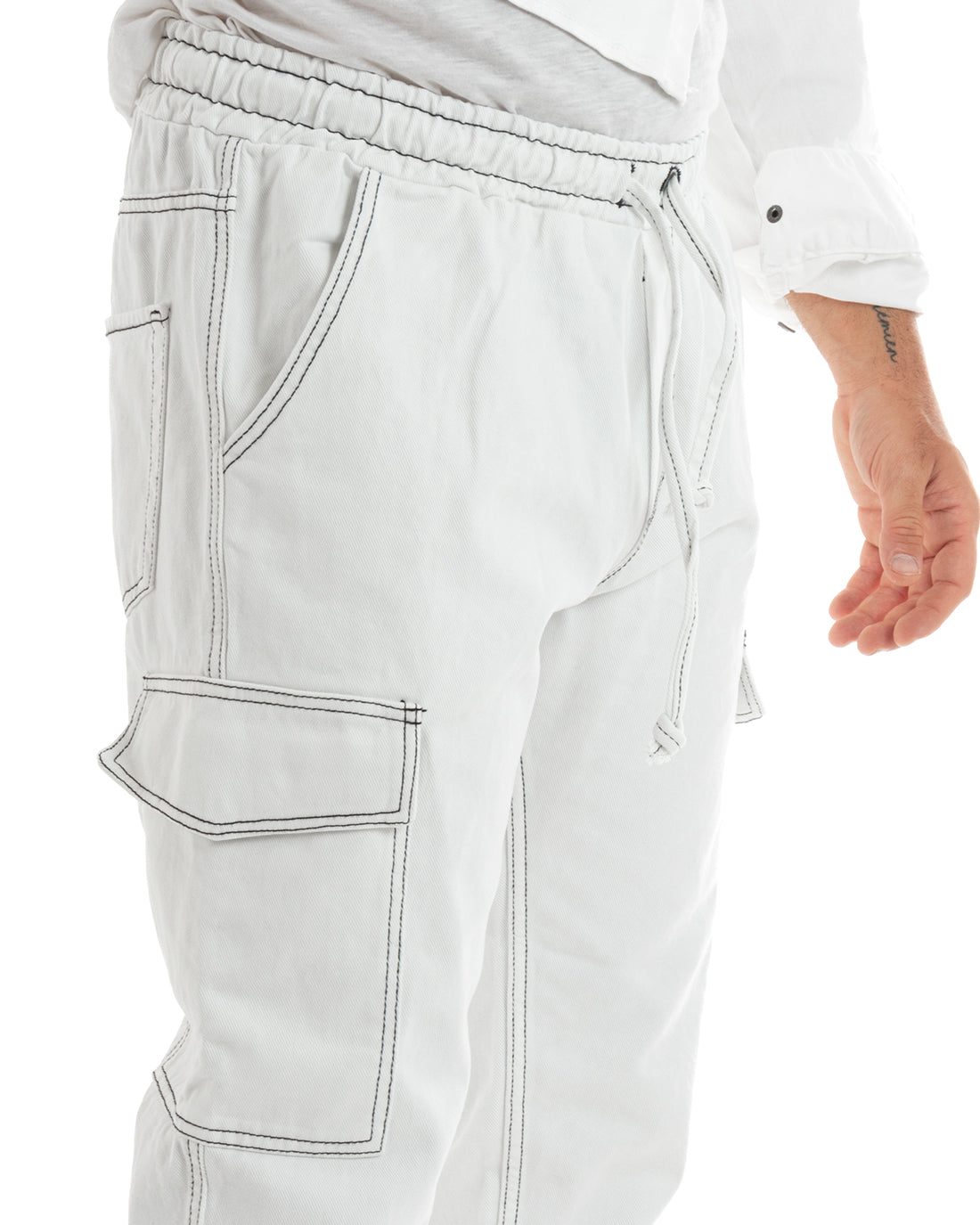 Pantaloni Jeans Uomo Straight Fit Cargo Pantalaccio Bianco GIOSAL-P5926A