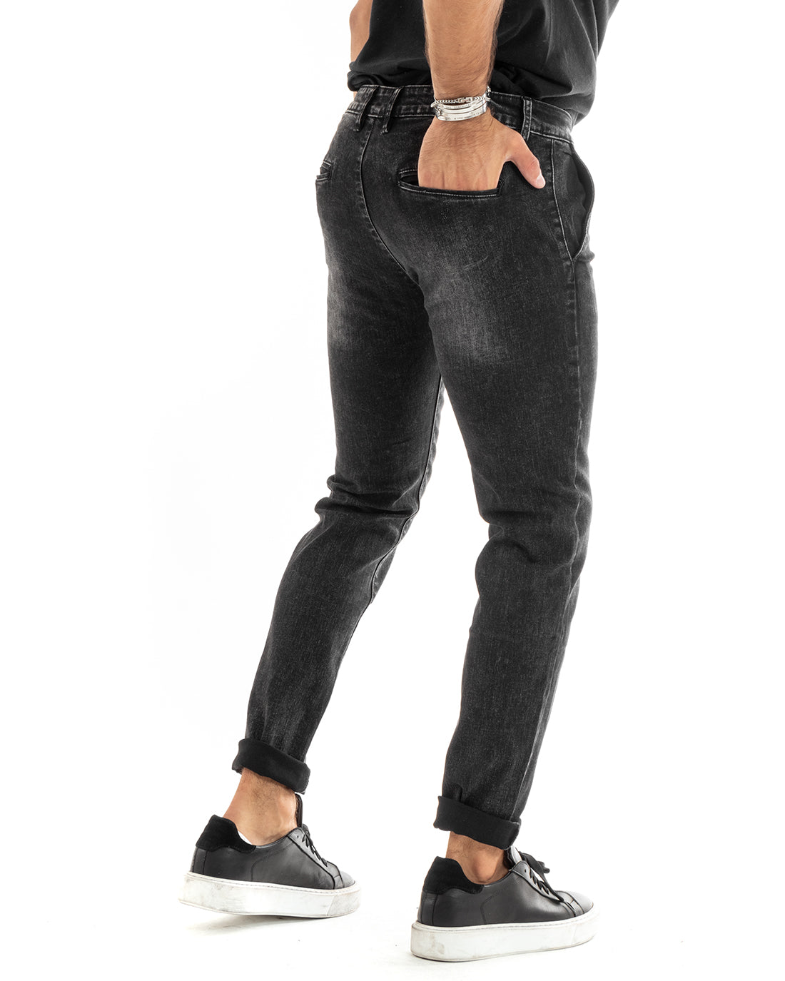 Pantaloni Uomo Jeans Tasche America Slim Fit Denim Nero P5966A