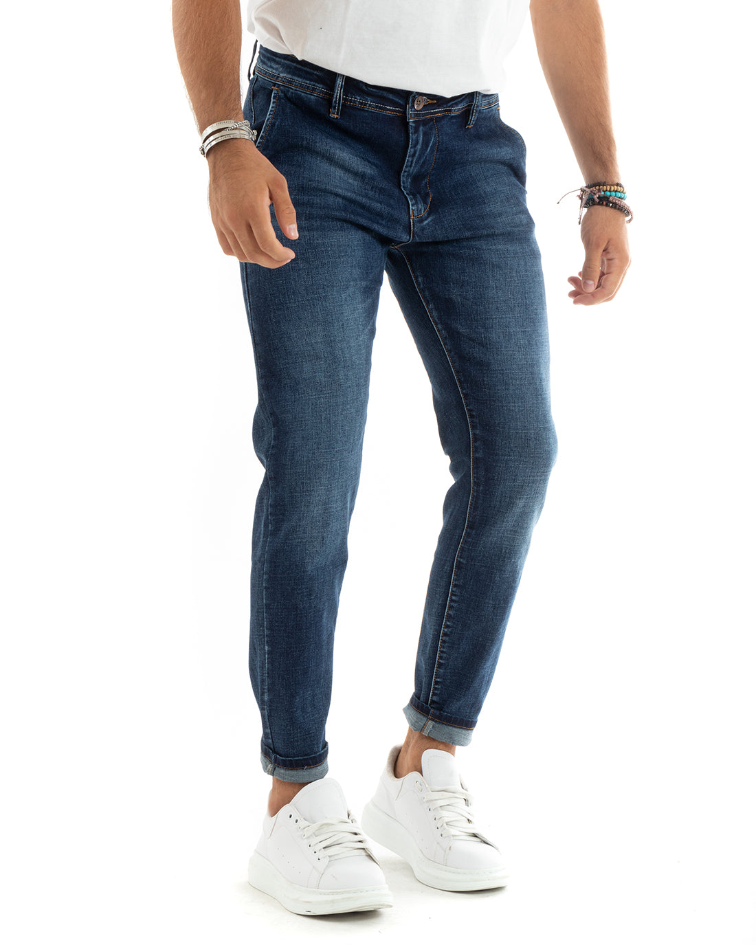 Pantaloni Uomo Jeans Tasche America Slim Fit Denim Blu P5967A