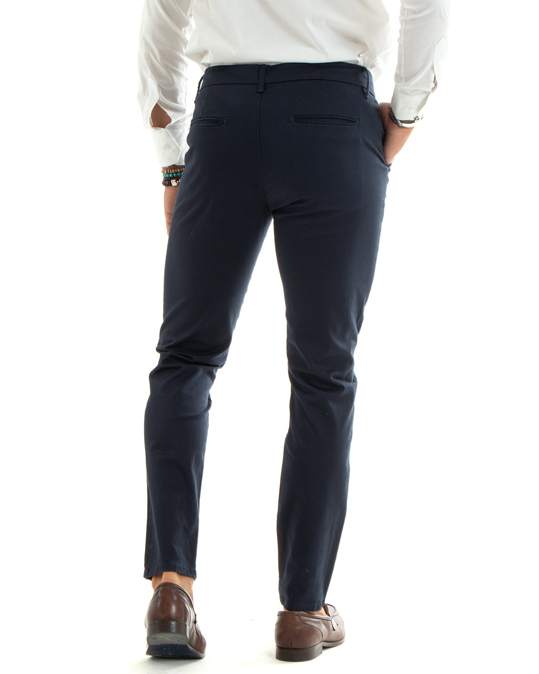 Pantaloni Uomo Cotone Raso Tasca America Slim Fit Tinta Unita Blu GIOSAL-P5971A