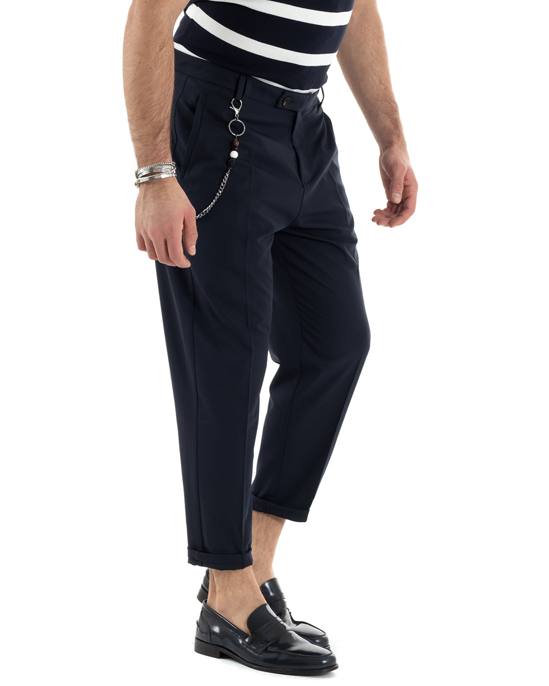 Pantaloni Uomo Viscosa Tasca America Blu Abbottonatura Allungata Capri Sartoriale GIOSAL-P5974A