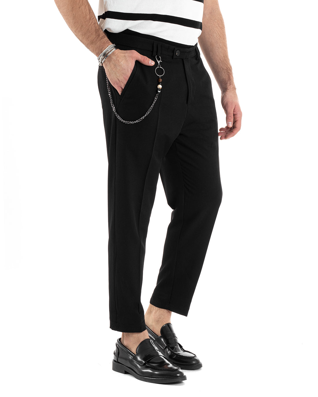 Pantaloni Uomo Viscosa Tasca America Abbottonatura Allungata Capri Sartoriale Nero GIOSAL-P5975A