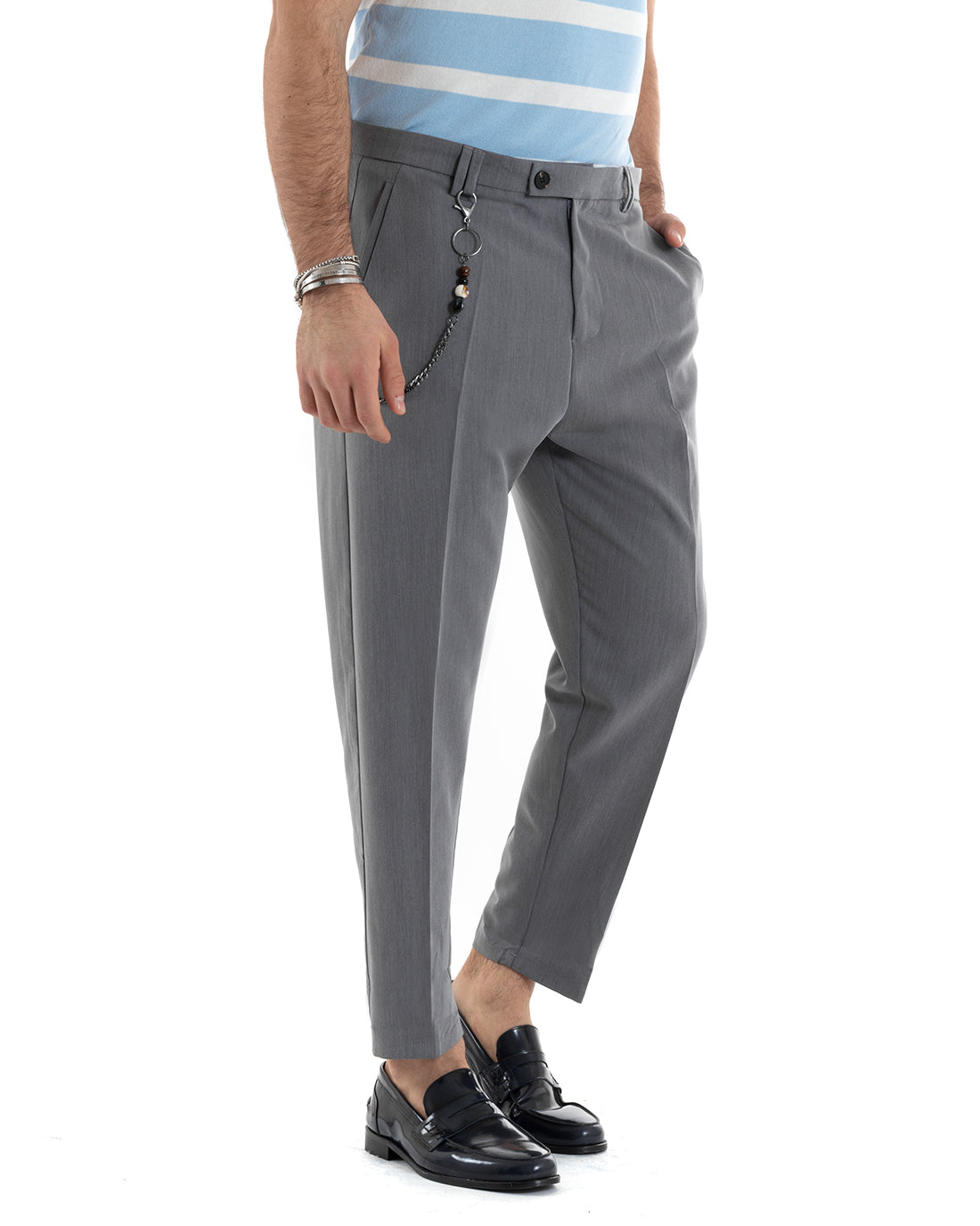 Pantaloni Uomo Viscosa Tasca America Abbottonatura Allungata Capri Sartoriale Grigio GIOSAL-P5978A