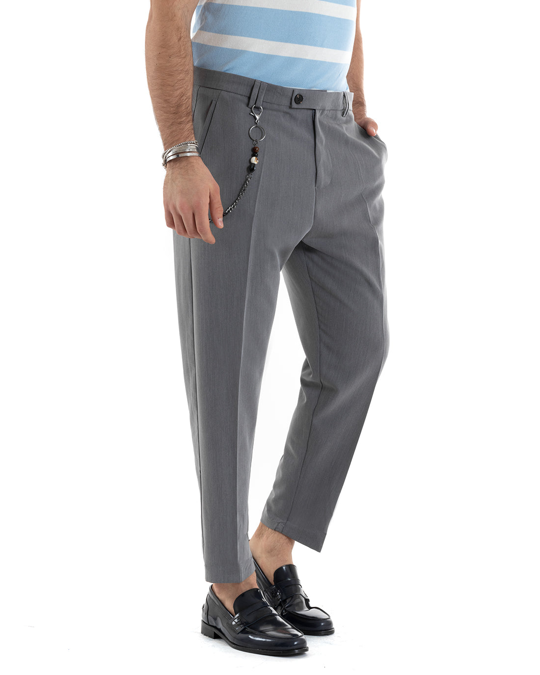 Pantaloni Uomo Viscosa Tasca America Grigio Abbottonatura Allungata Capri Sartoriale GIOSAL-P5978A