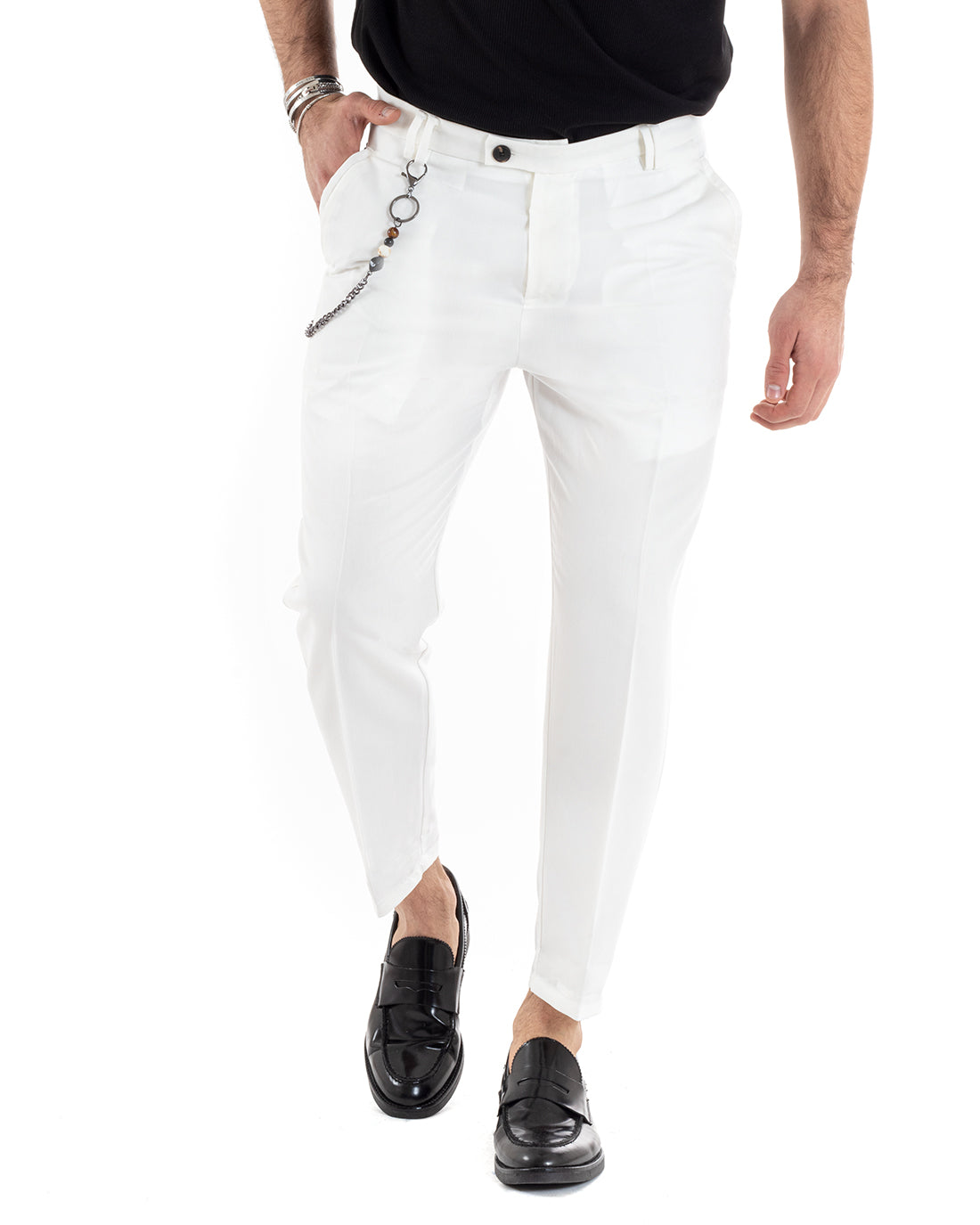 Pantaloni Uomo Viscosa Tasca America Abbottonatura Allungata Capri Sartoriale Bianco GIOSAL-P5979A