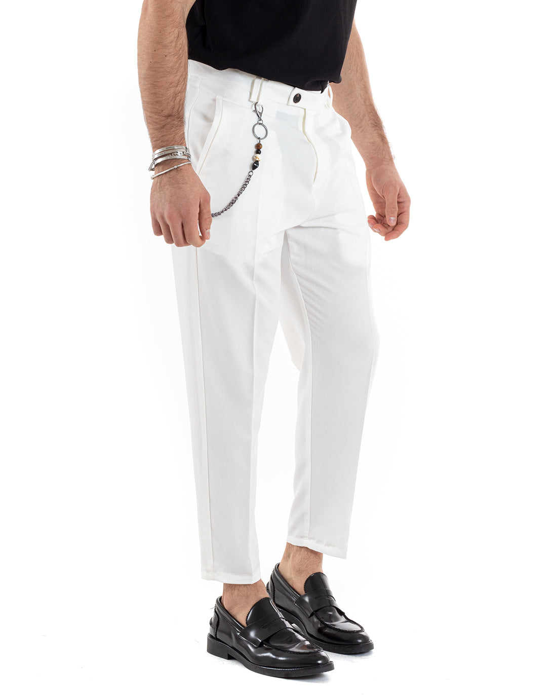 Pantaloni Uomo Viscosa Tasca America Abbottonatura Allungata Capri Sartoriale Bianco GIOSAL-P5979A