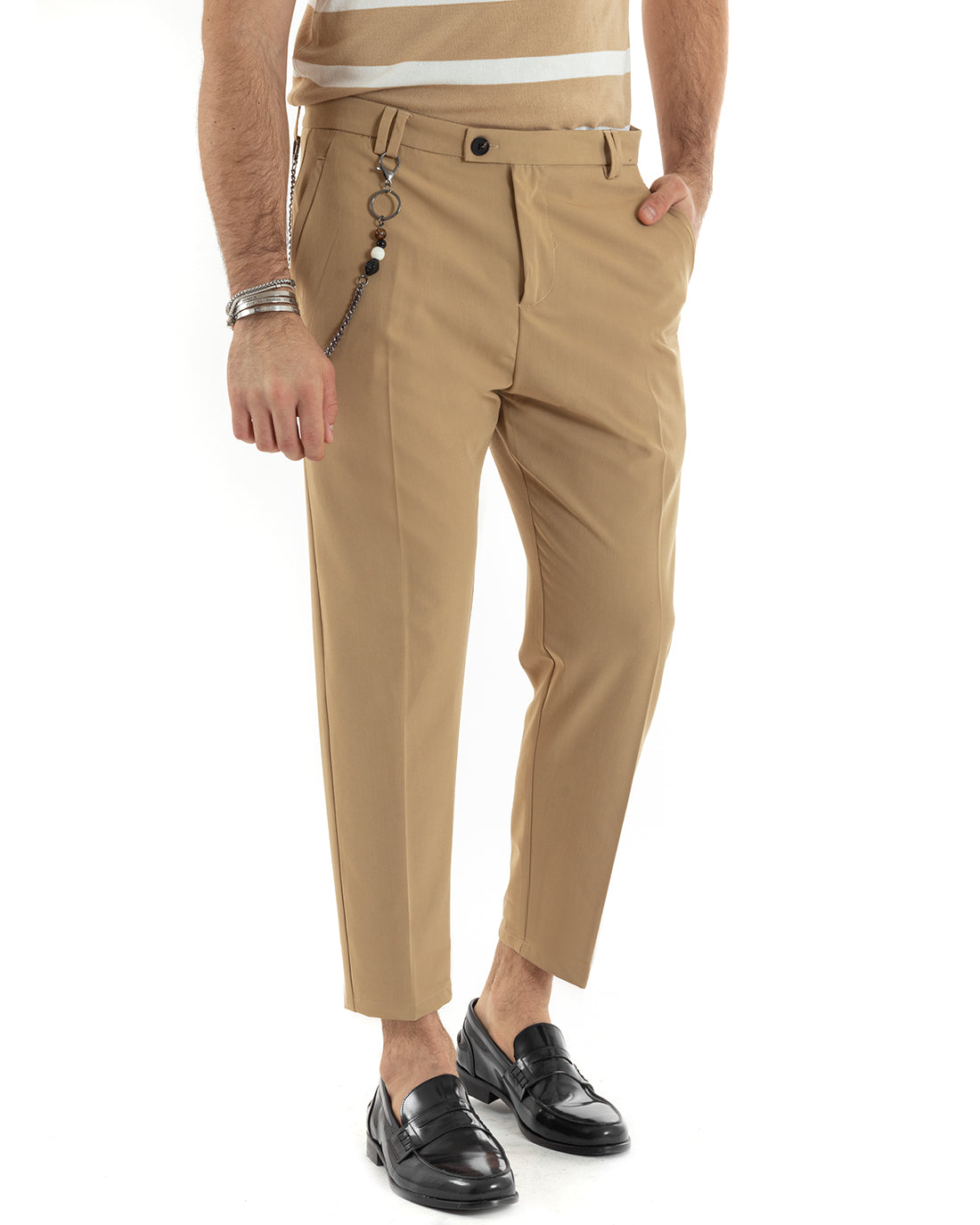 Pantaloni Uomo Viscosa Con Tasca America Con Abbottonatura Allungata Capri Sartoriale Camel GIOSAL-P5980A
