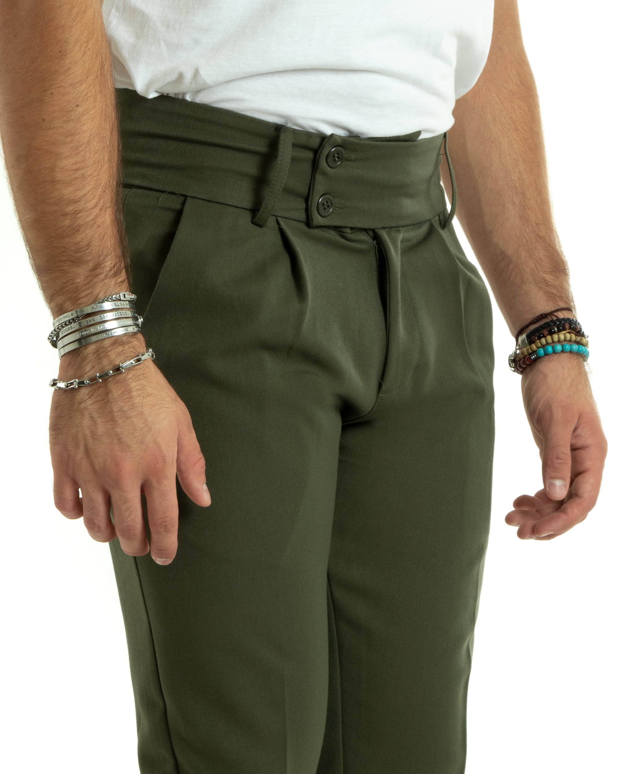 Pantaloni Uomo Viscosa Tasca America Vita Alta Classico Pinces Abbottonatura Allungata Casual Verde Militare GIOSAL-P5986A