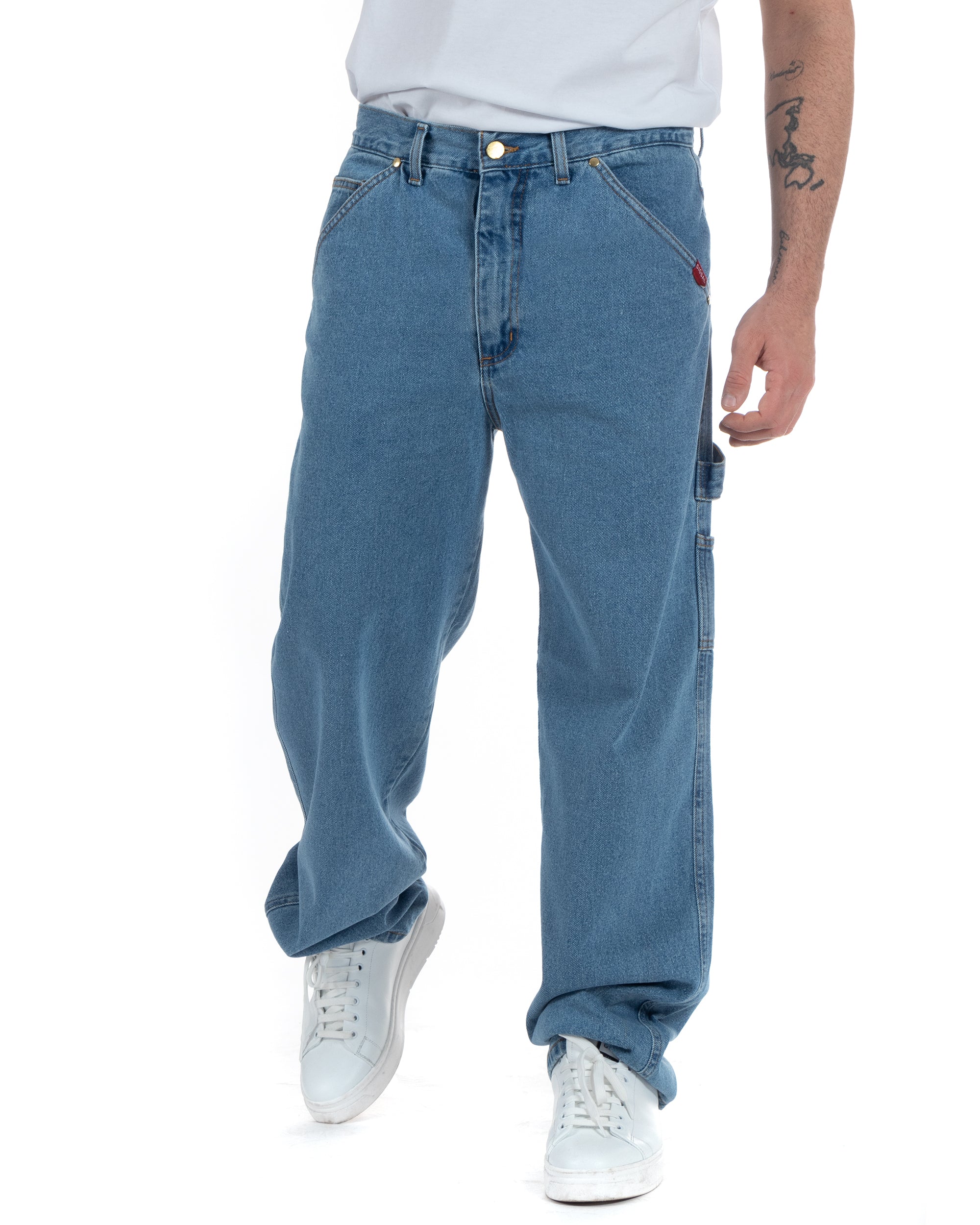 Pantaloni Jeans Uomo Baggy Fit Carpenter Worker Cargo Denim Chiaro GIOSAL-P5987A