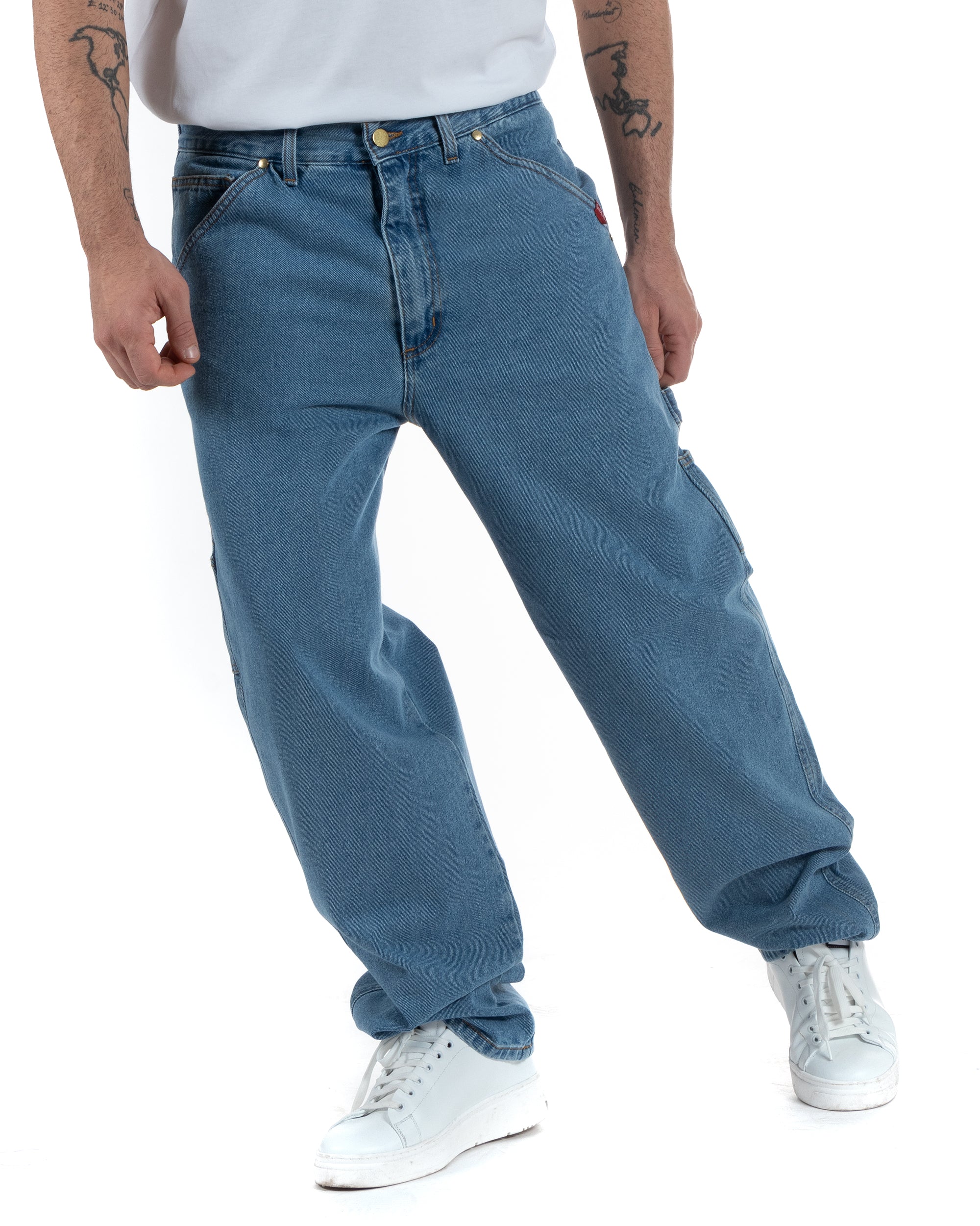 Jeans Uomo Pantaloni Baggy Carpenter Worker Cinque Tasche Comodo Basic Wide Fit Denim Chiaro GIOSAL-P5987A