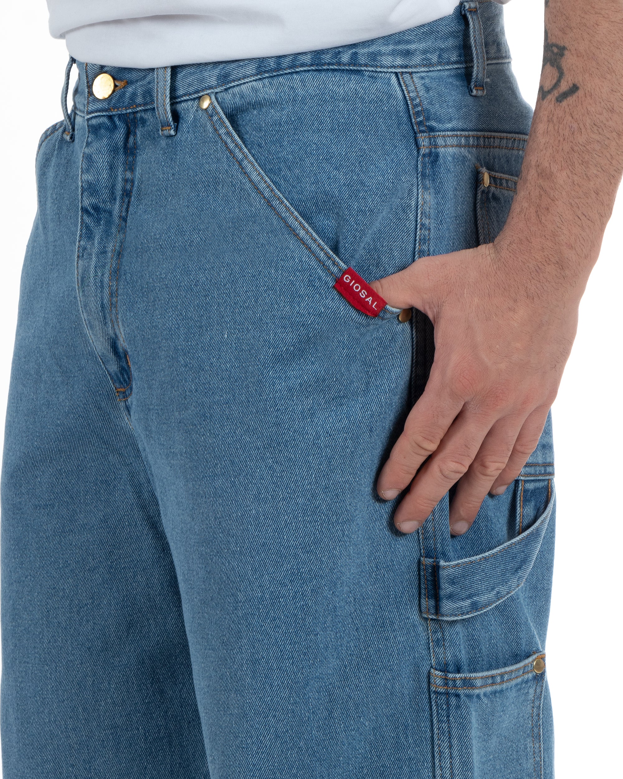 Jeans Uomo Pantaloni Baggy Carpenter Worker Cinque Tasche Comodo Basic Wide Fit Denim Chiaro GIOSAL-P5987A