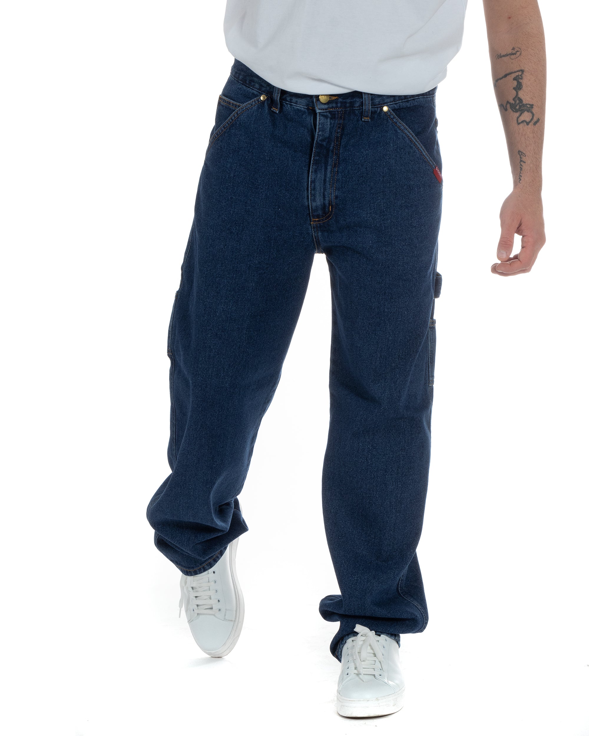 Jeans Uomo Pantaloni Baggy Carpenter Worker Cinque Tasche Comodo Basic Wide Fit Denim Scuro GIOSAL-P5988A