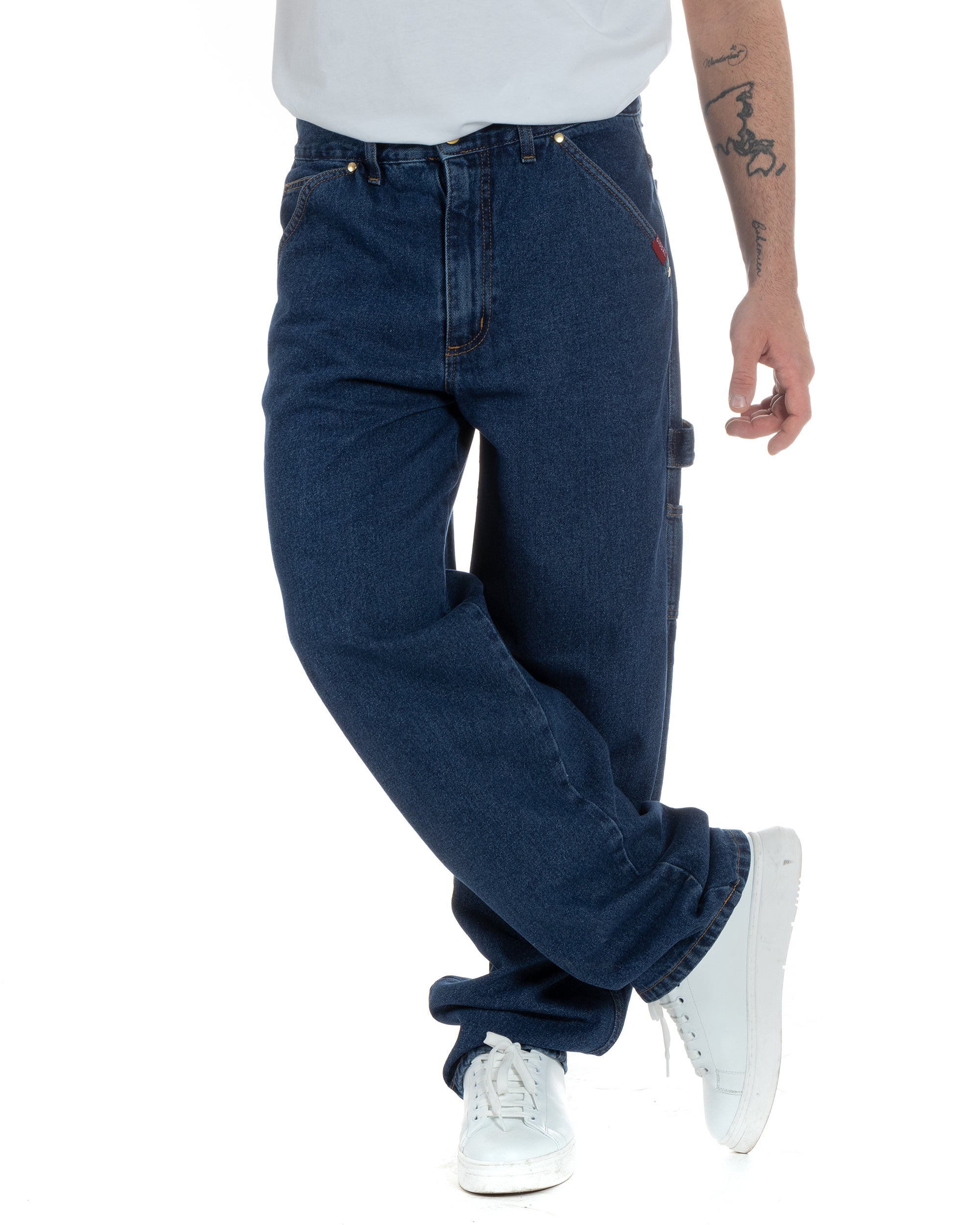 Jeans Uomo Pantaloni Baggy Carpenter Worker Cinque Tasche Comodo Basic Wide Fit Denim Scuro GIOSAL-P5988A