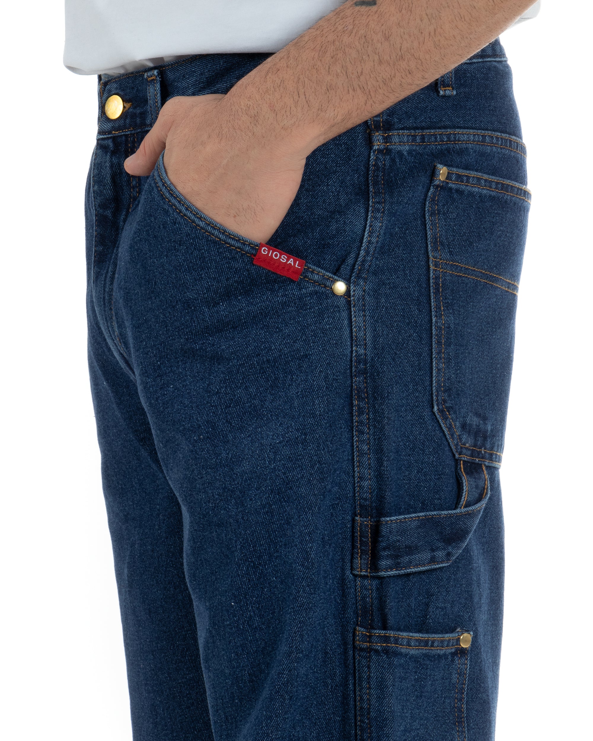 Jeans Uomo Pantaloni Baggy Carpenter Worker Cinque Tasche Comodo Basic Wide Fit Denim Scuro GIOSAL-P5988A