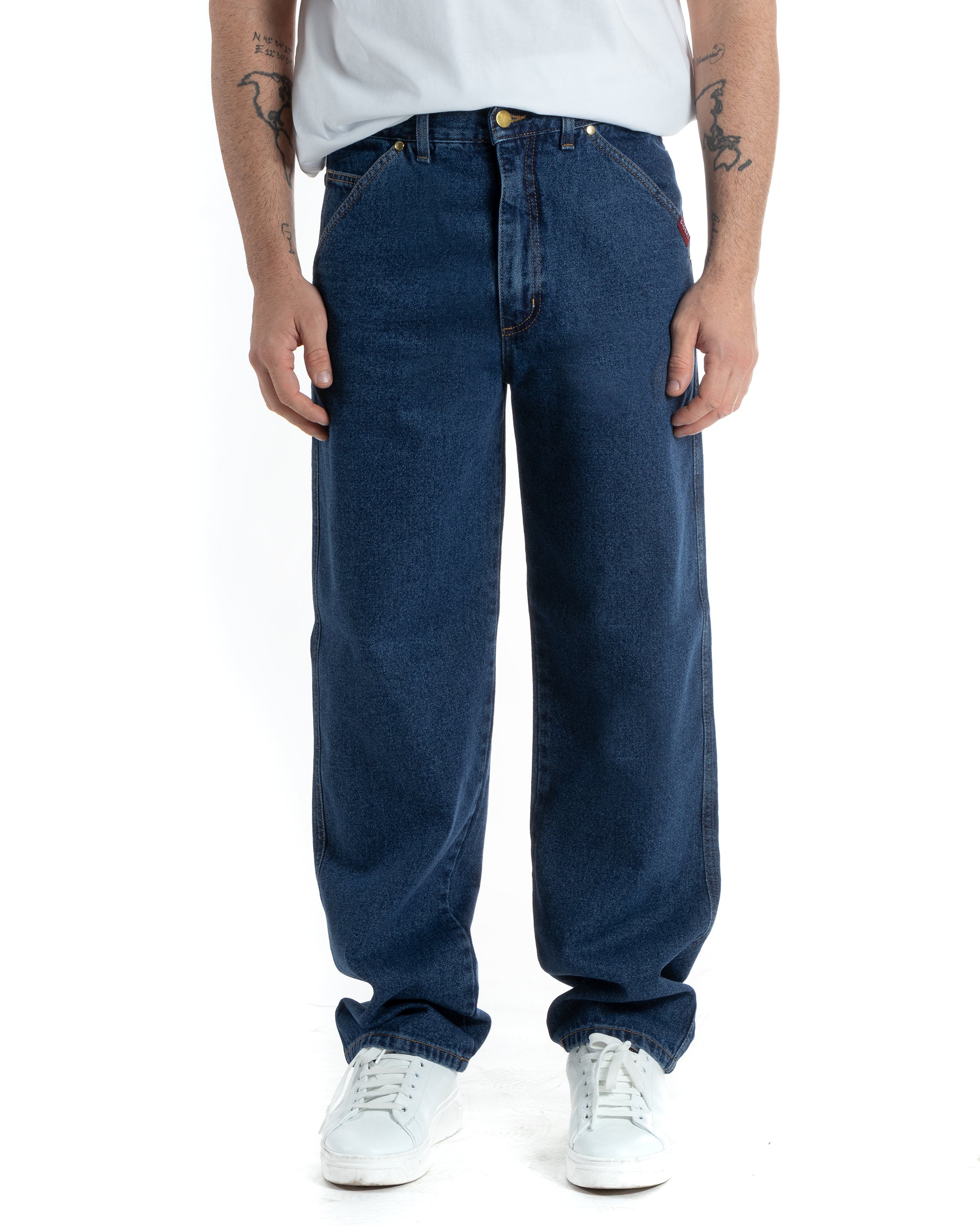 Jeans Uomo Pantaloni Baggy Cinque Tasche Comodo Basic Wide Fit Casual Denim Scuro GIOSAL-P5990A
