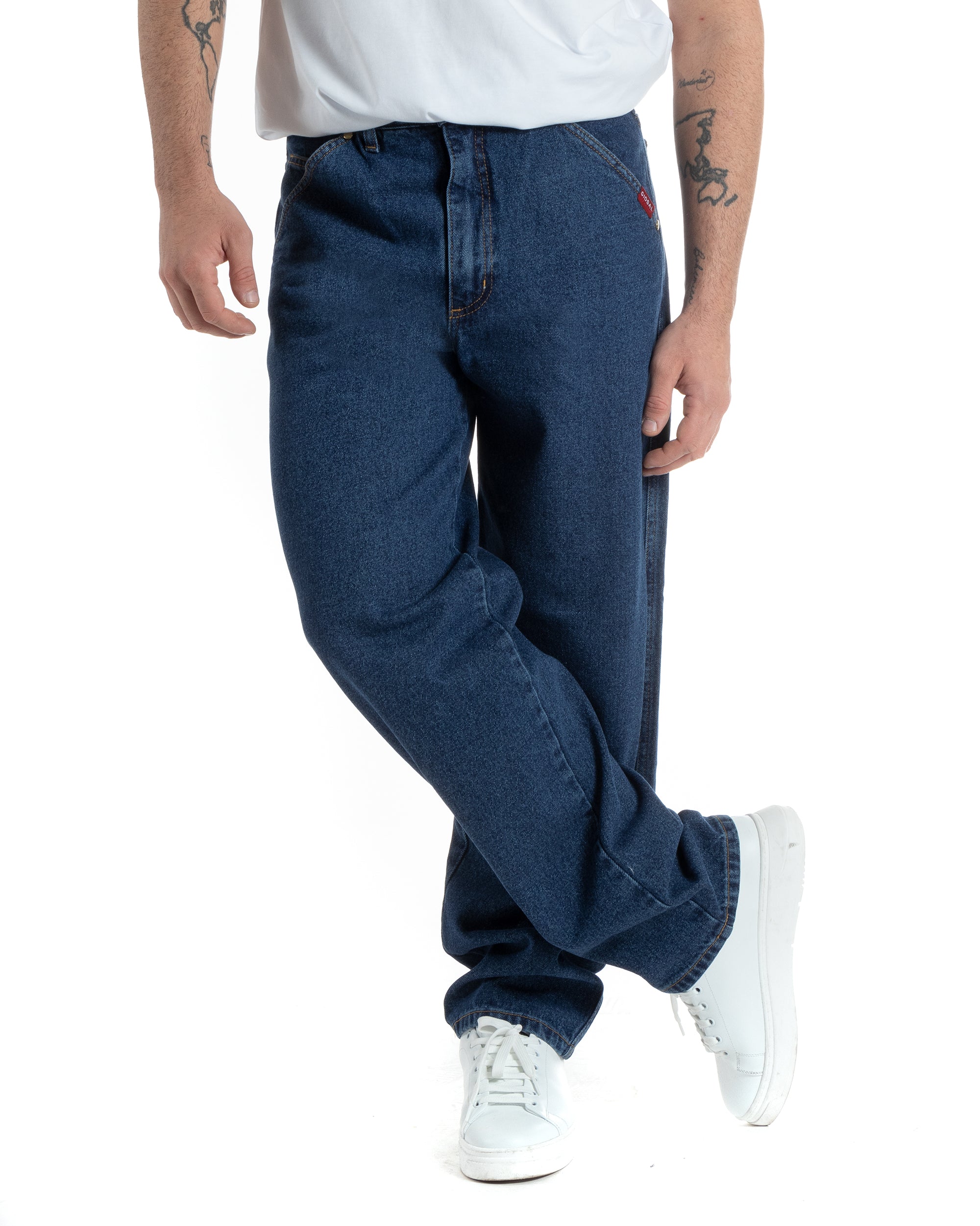 Jeans Uomo Pantaloni Baggy Cinque Tasche Comodo Basic Wide Fit Casual Denim Scuro GIOSAL-P5990A
