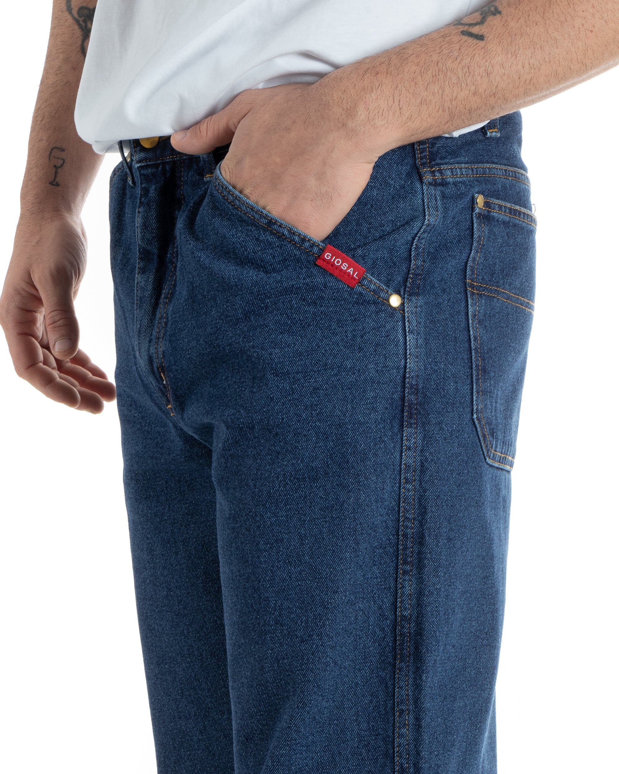 Jeans Uomo Pantaloni Baggy Cinque Tasche Comodo Basic Wide Fit Casual Denim Scuro GIOSAL-P5990A