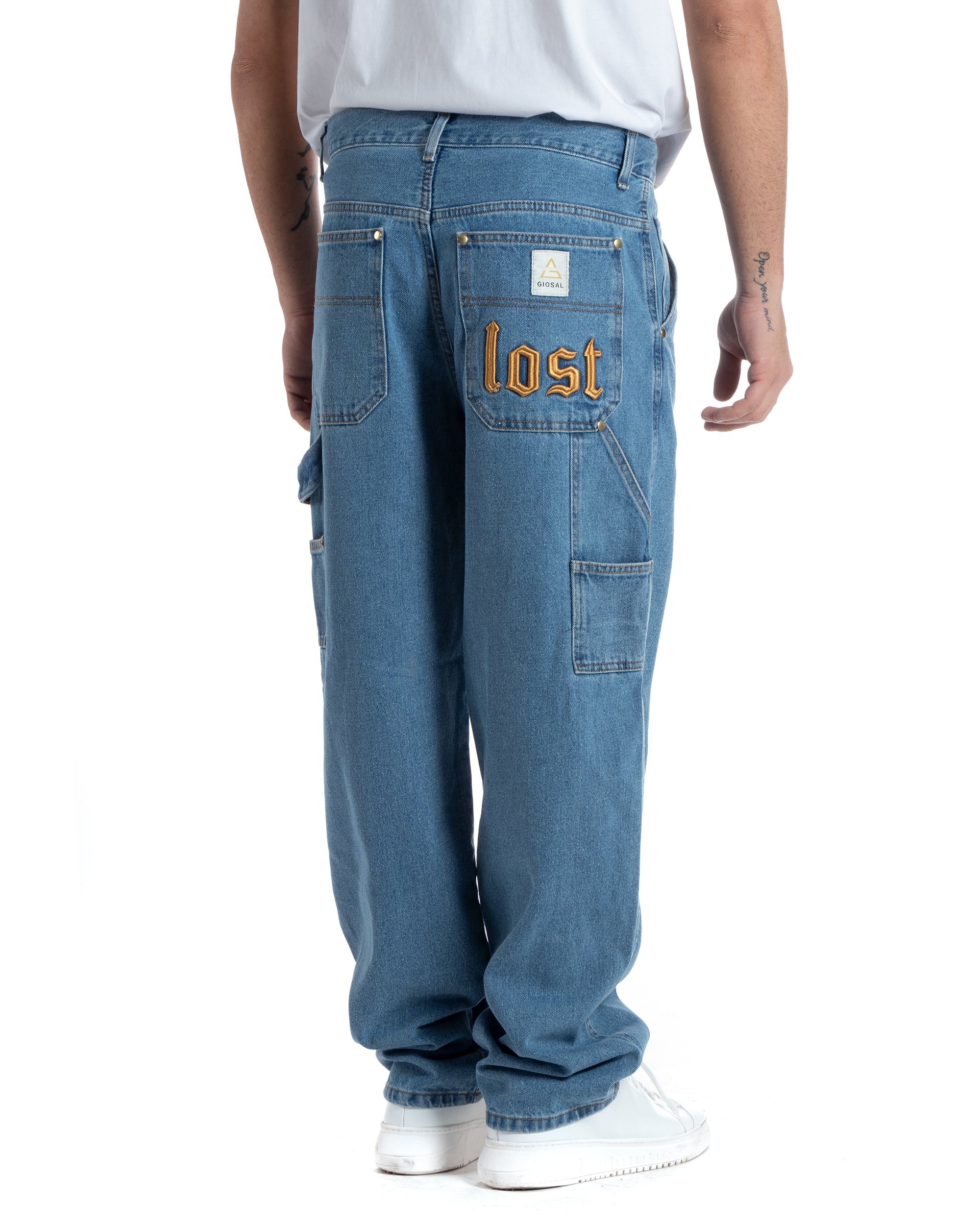 Jeans Uomo Pantaloni Baggy Carpenter Worker Cinque Tasche Comodo Basic Wide Fit Cargo Con Ricamo Denim Chiaro GIOSAL-P5991A