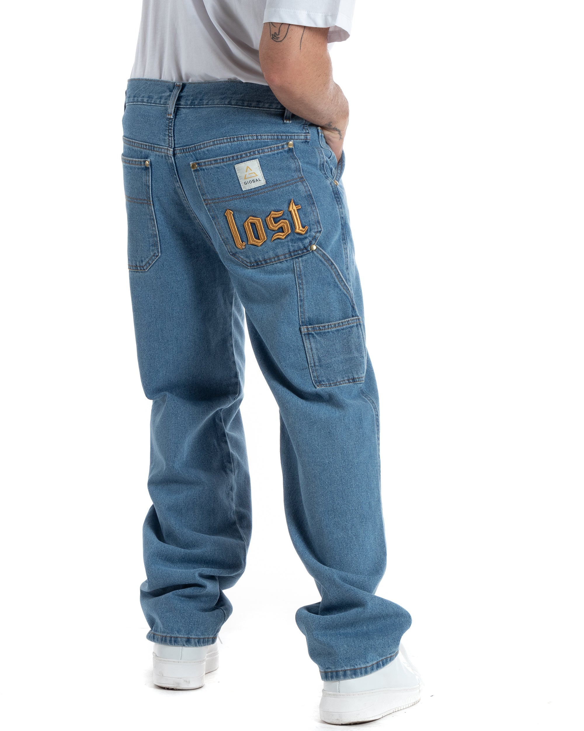 Jeans Uomo Pantaloni Baggy Carpenter Worker Cinque Tasche Comodo Basic Wide Fit Cargo Con Ricamo Denim Chiaro GIOSAL-P5991A