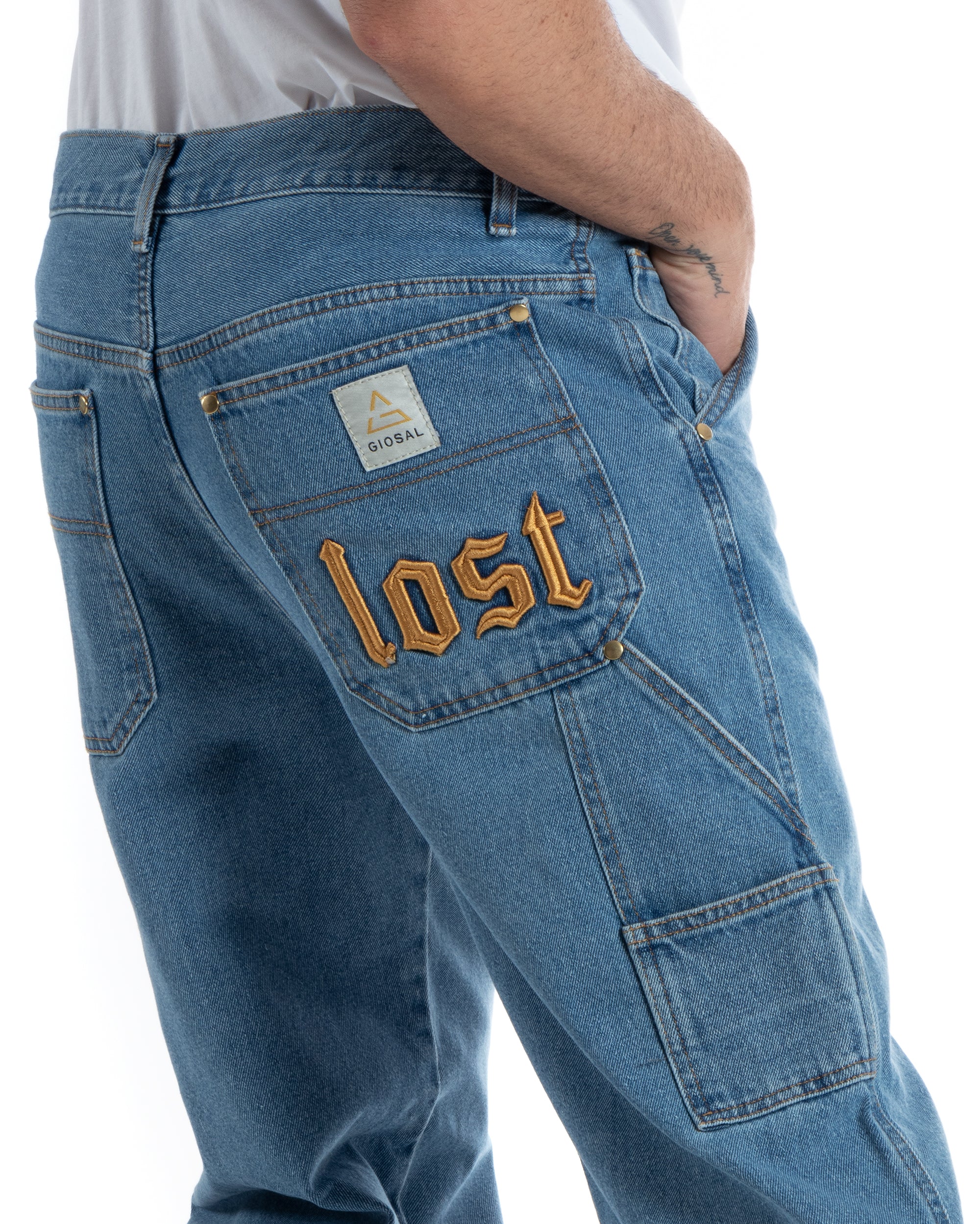Jeans Uomo Pantaloni Baggy Carpenter Worker Cinque Tasche Comodo Basic Wide Fit Cargo Con Ricamo Denim Chiaro GIOSAL-P5991A