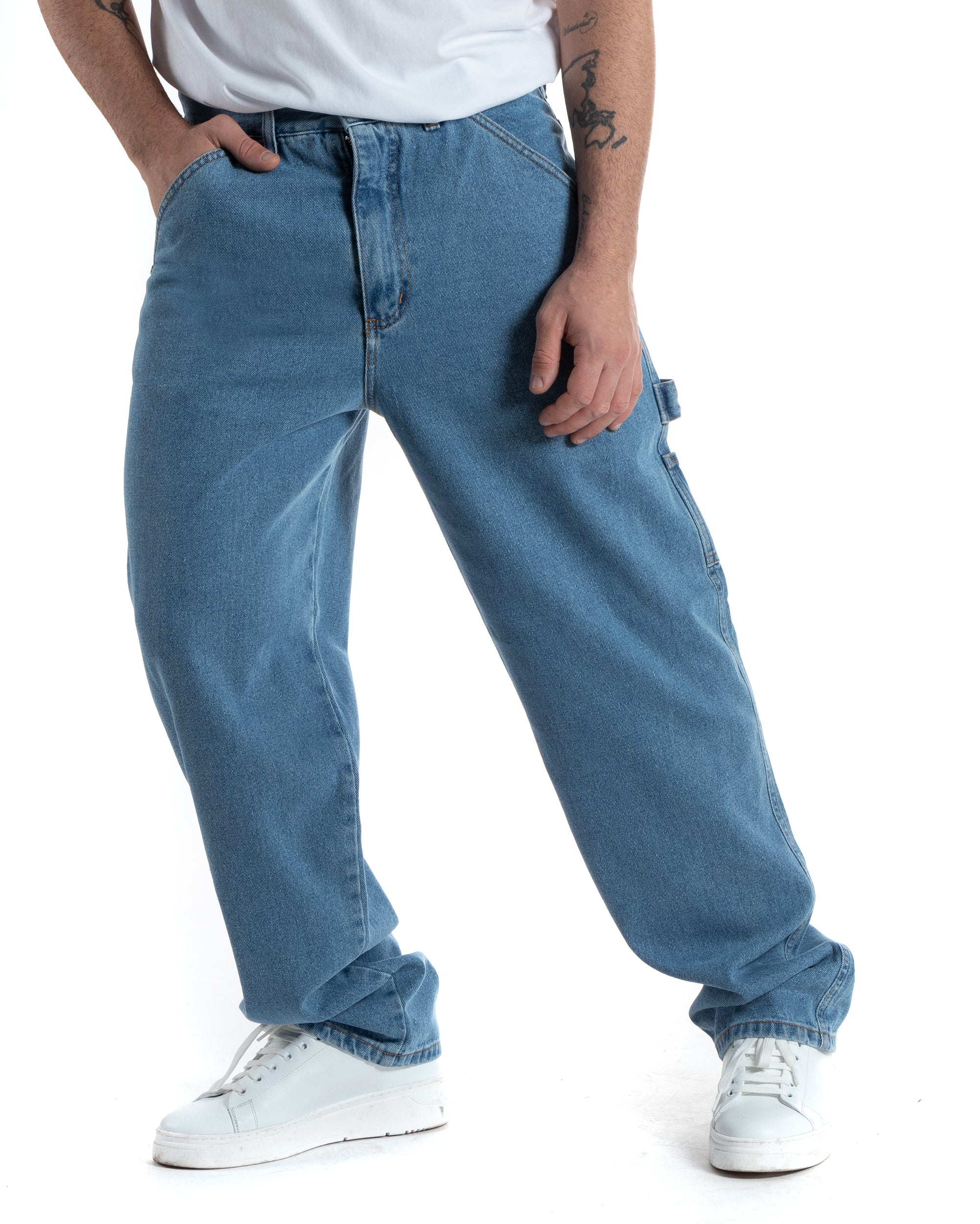 Jeans Uomo Pantaloni Baggy Carpenter Worker Cinque Tasche Comodo Basic Wide Fit Cargo Con Ricamo Denim Chiaro GIOSAL-P5991A