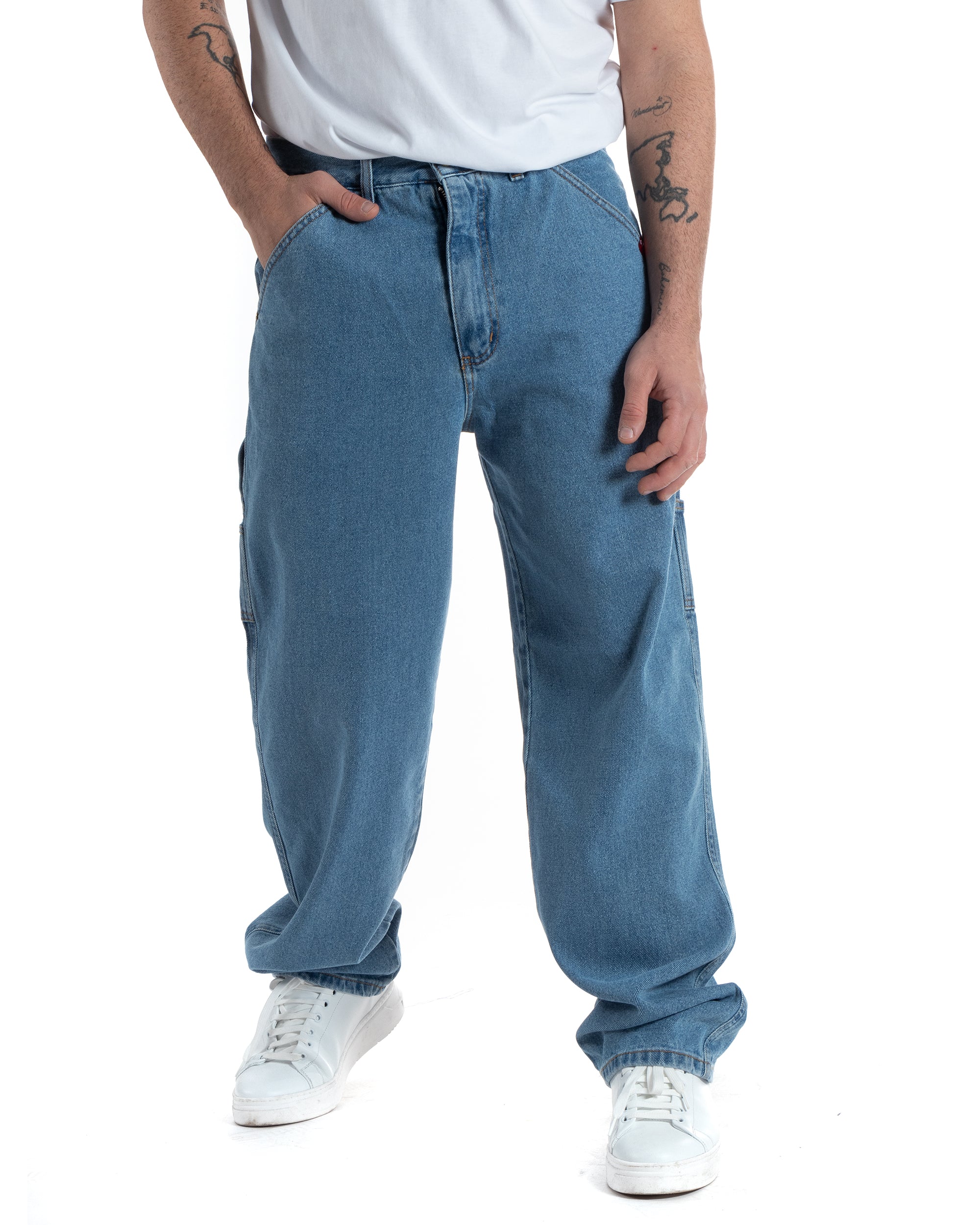 Pantaloni Jeans Uomo Baggy Fit Carpenter Worker Cargo Con Ricamo Denim Chiaro GIOSAL-P5991A