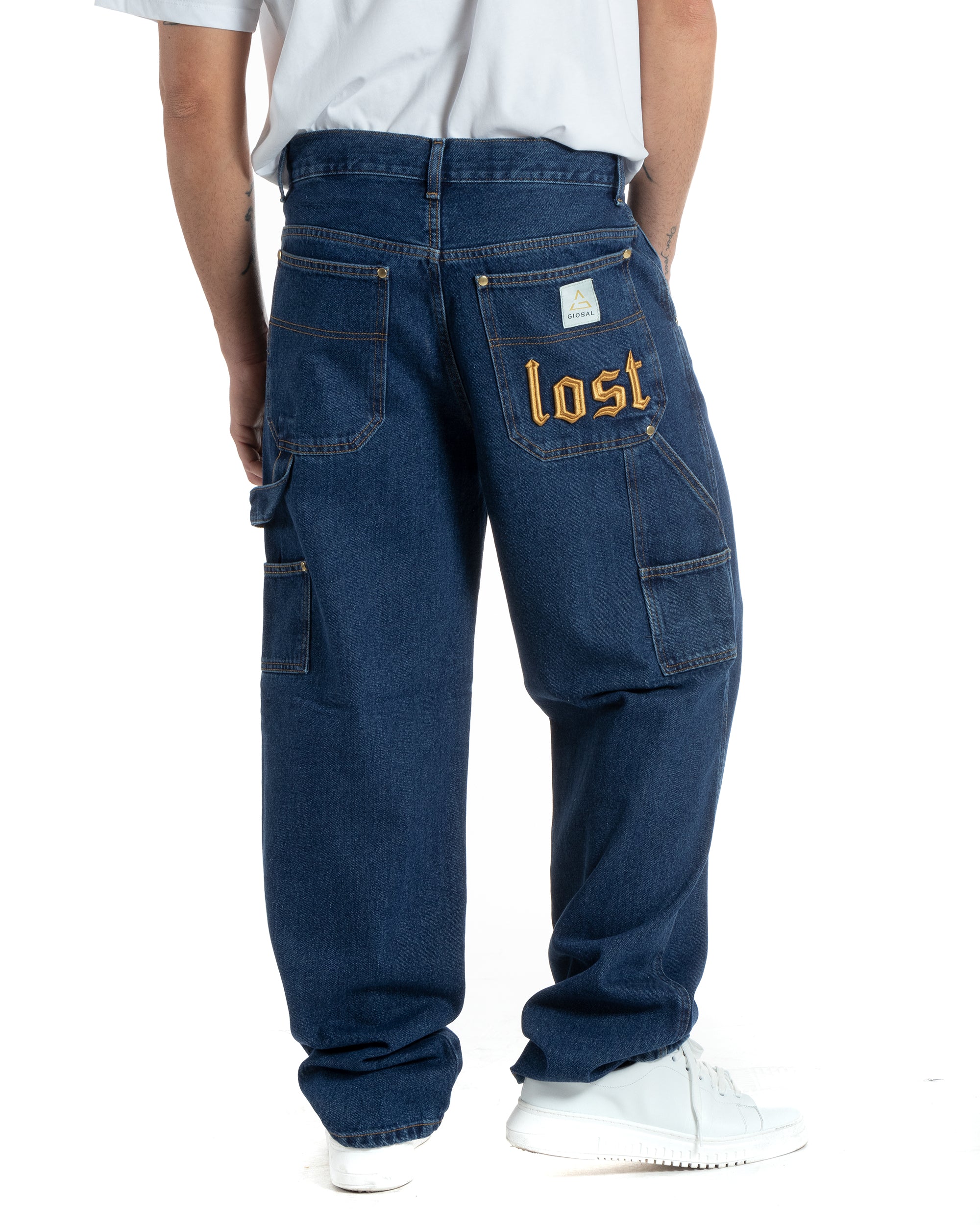 Pantaloni Jeans Uomo Baggy Fit Carpenter Worker Cargo Con Ricamo Denim Scuro GIOSAL-P5992A