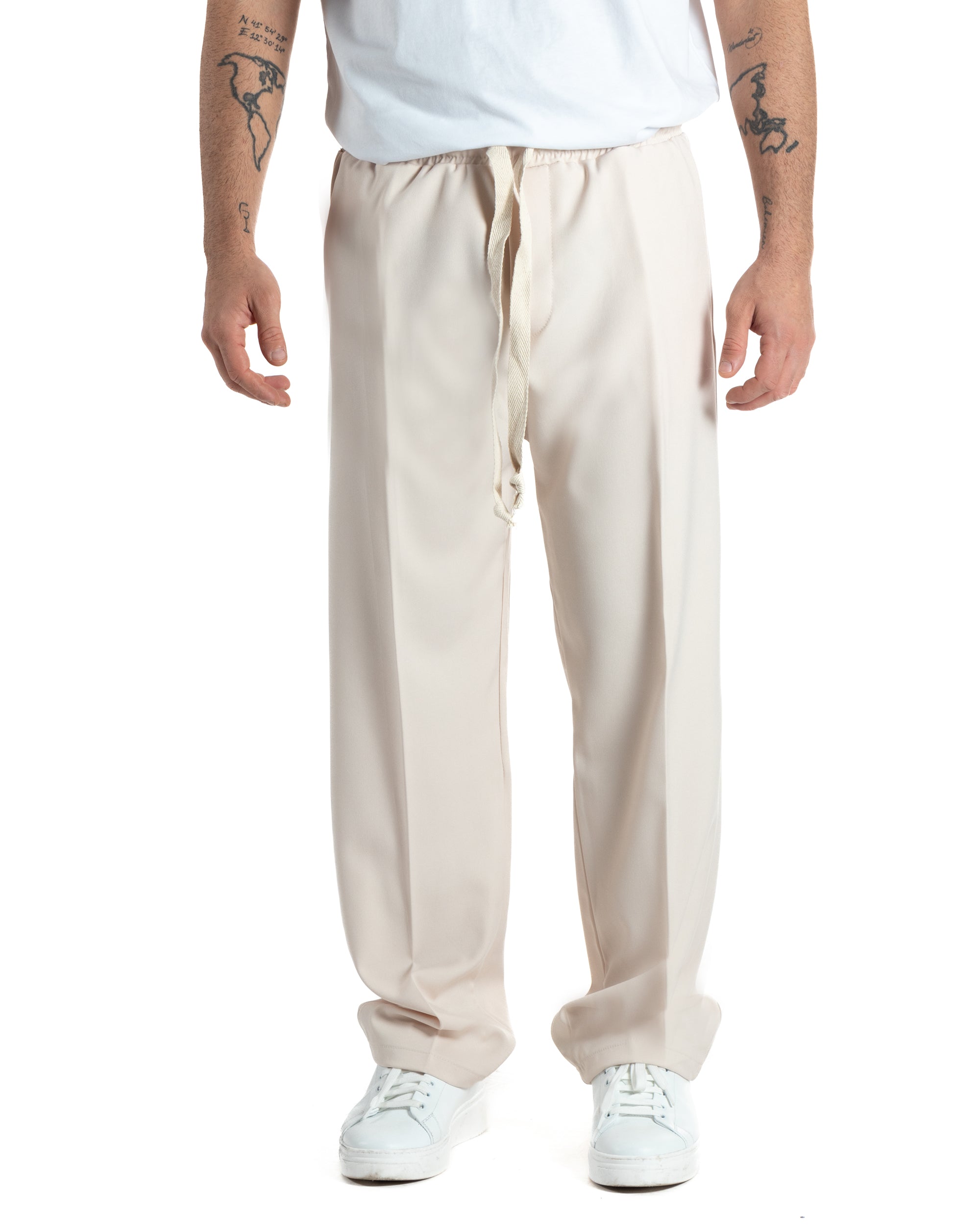 Pantaloni Uomo Pantalaccio Morbido Viscosa Baggy Panna Coulisse Fondo Largo GIOSAL-P5996A