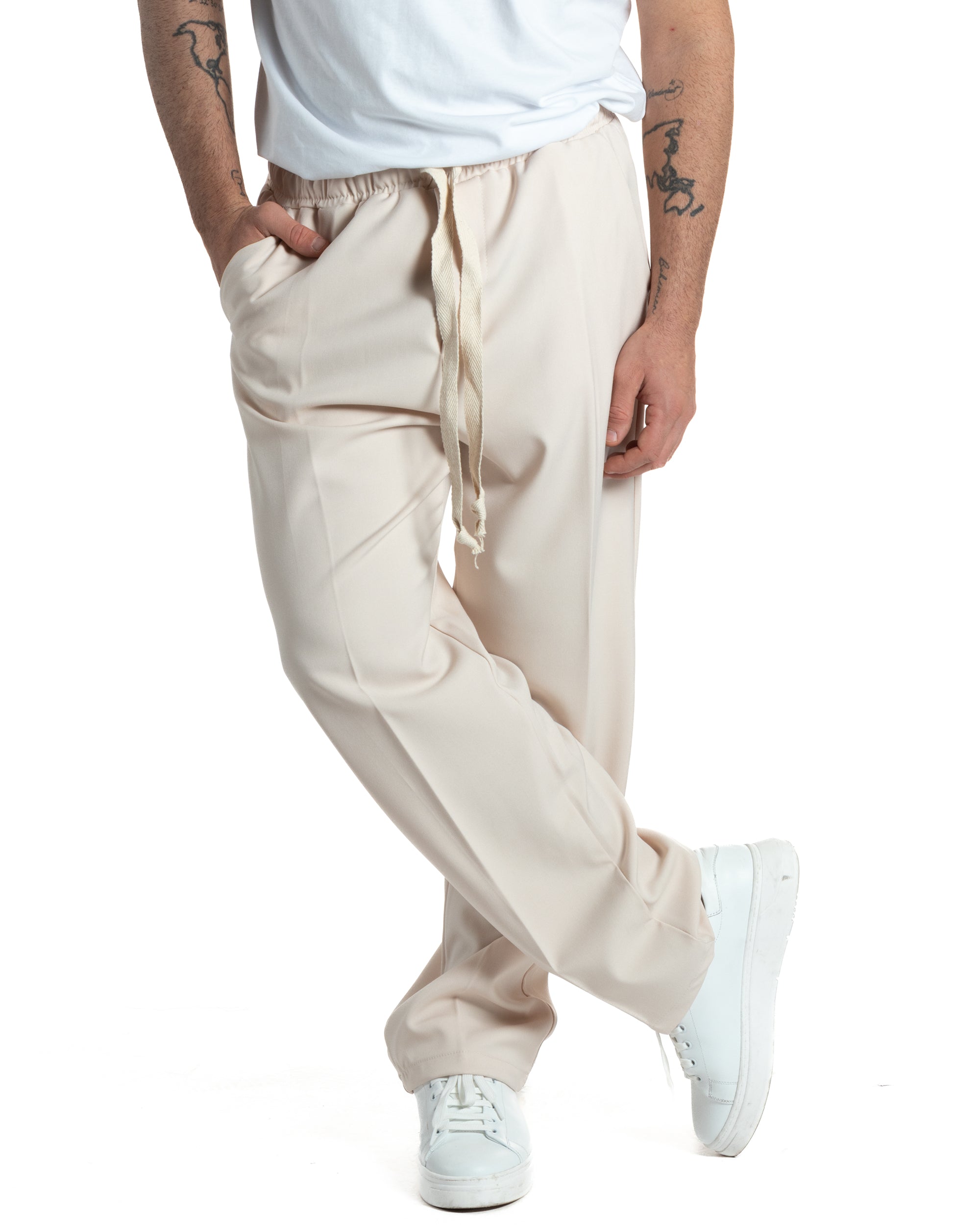 Pantaloni Uomo Pantalaccio Morbido Viscosa Baggy Panna Coulisse Fondo Largo GIOSAL-P5996A