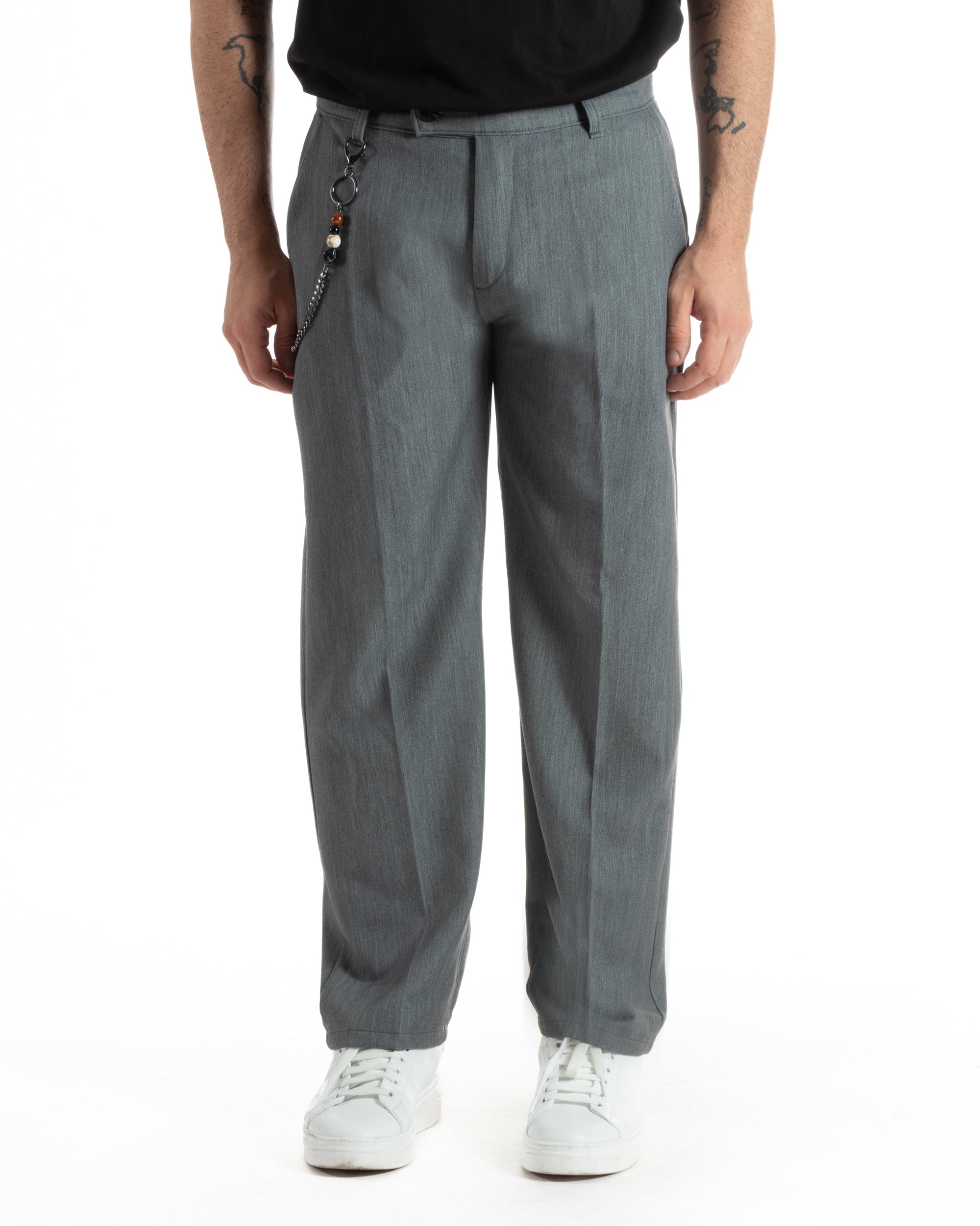 Pantaloni Uomo Viscosa Baggy Fondo Largo Tasca America Abbottonatura Allungata Casual Grigio GIOSAL-P5998A