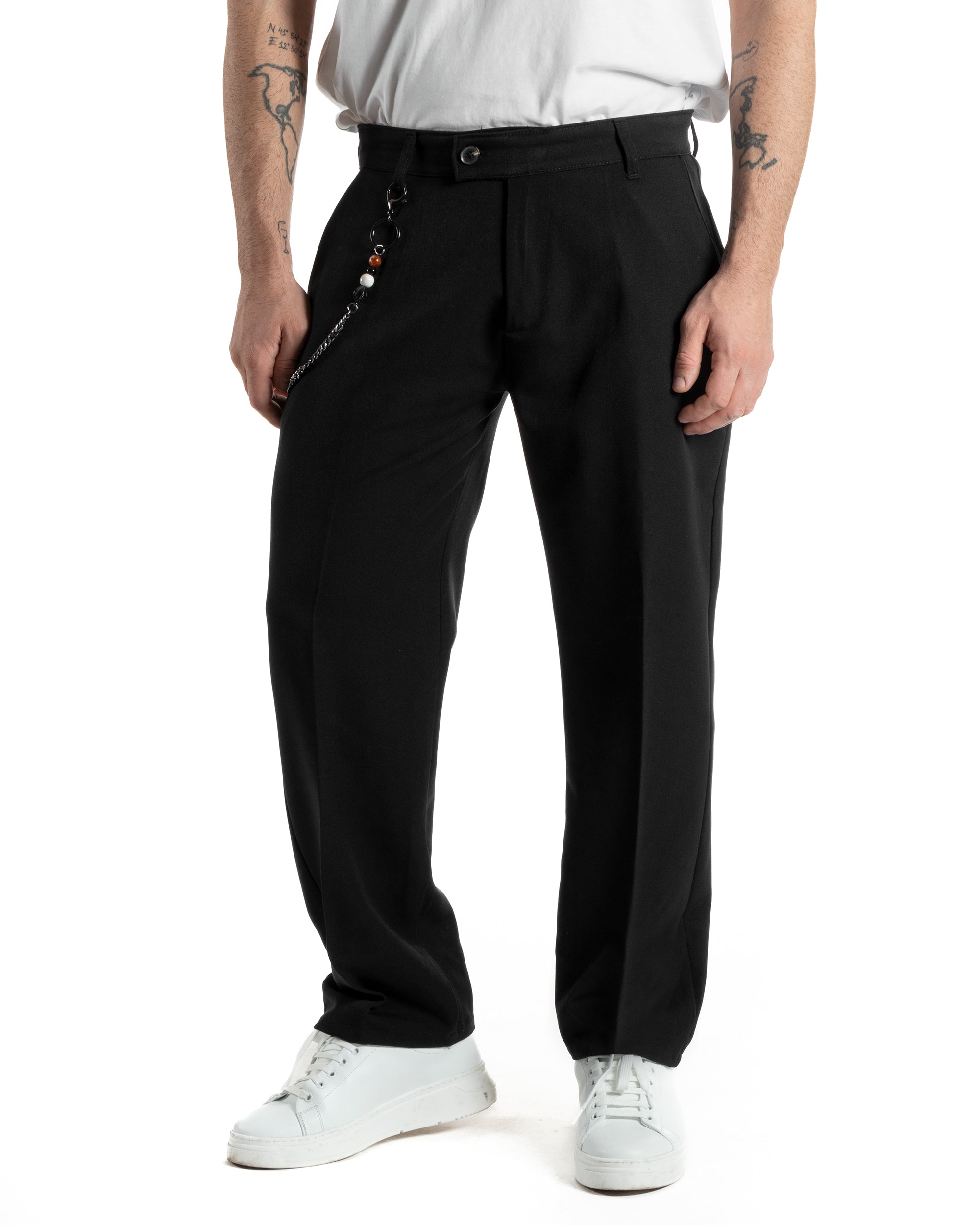 Pantaloni Uomo Viscosa Baggy Fondo Largo Tasca America Abbottonatura Allungata Casual Nero GIOSAL-P5999A