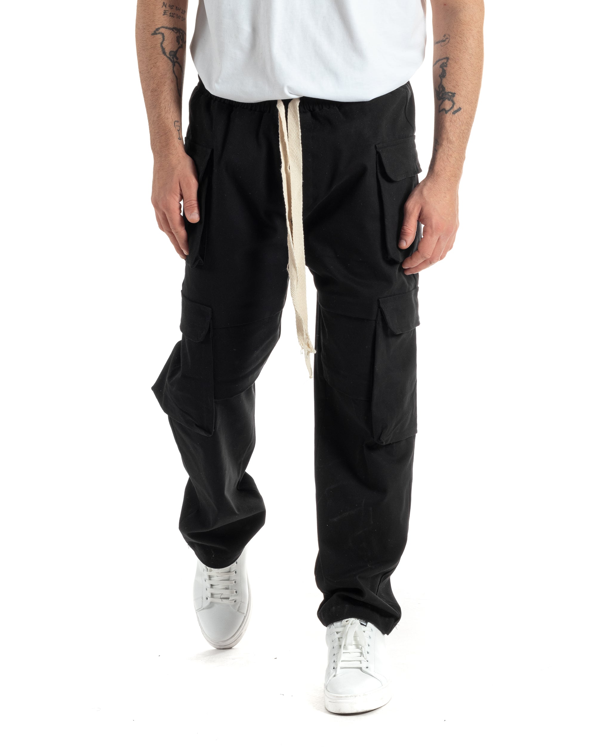 Pantaloni Uomo Pantalaccio Con Tasconi Cargo Baggy Nero Coulisse Fondo Largo GIOSAL-P6006A