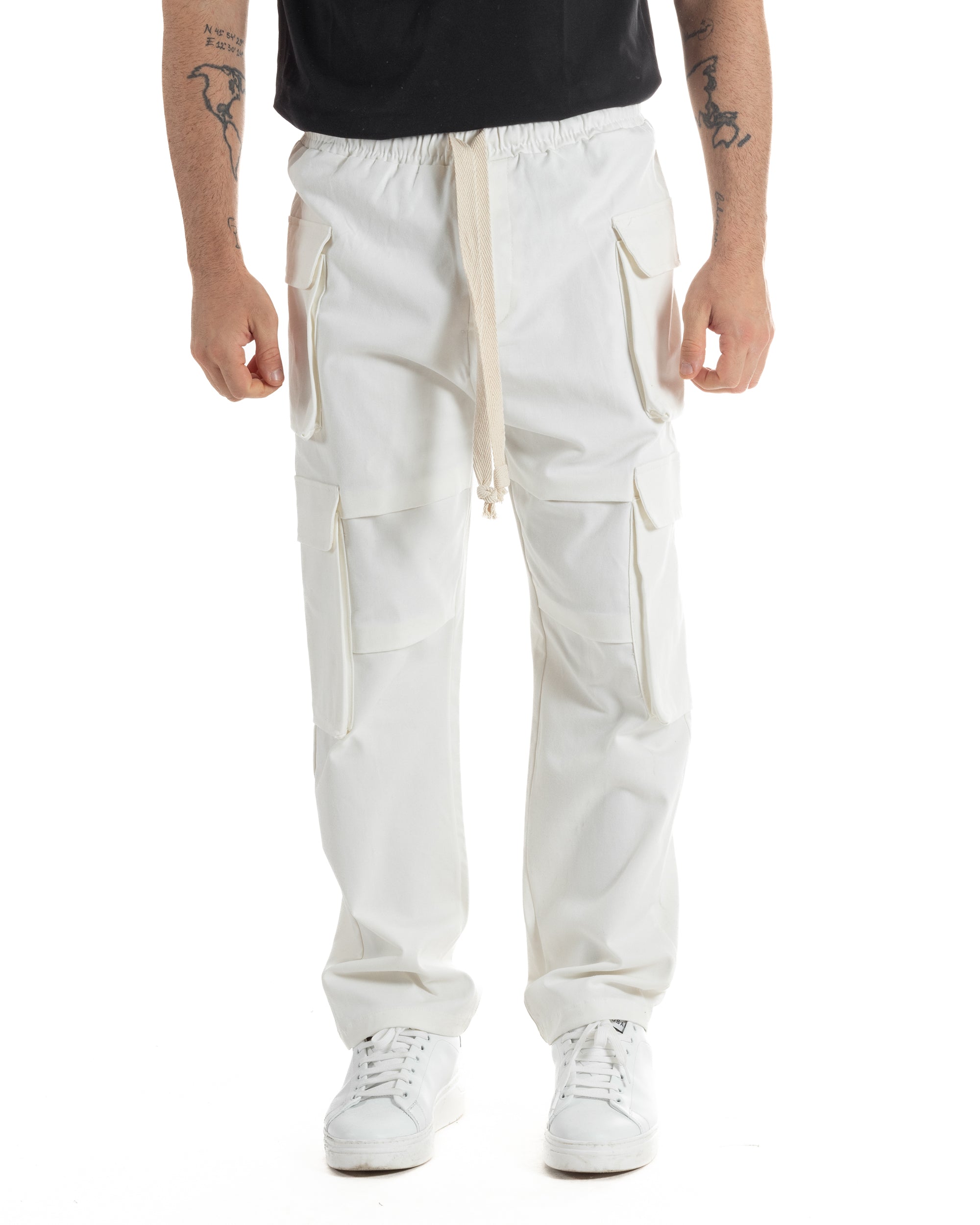 Pantaloni Uomo Pantalaccio Con Tasconi Cargo Baggy Bianco Con Coulisse Fondo Largo GIOSAL-P6007A