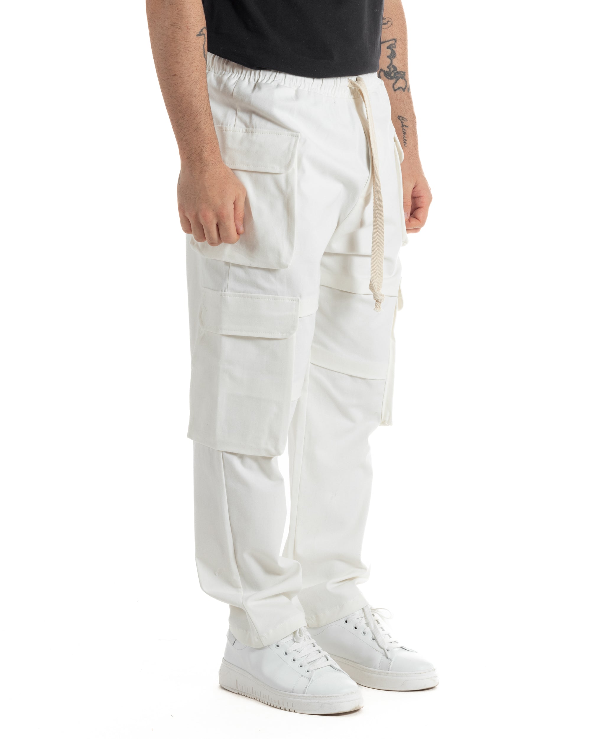 Pantaloni Uomo Pantalaccio Con Tasconi Cargo Baggy Bianco Con Coulisse Fondo Largo GIOSAL-P6007A