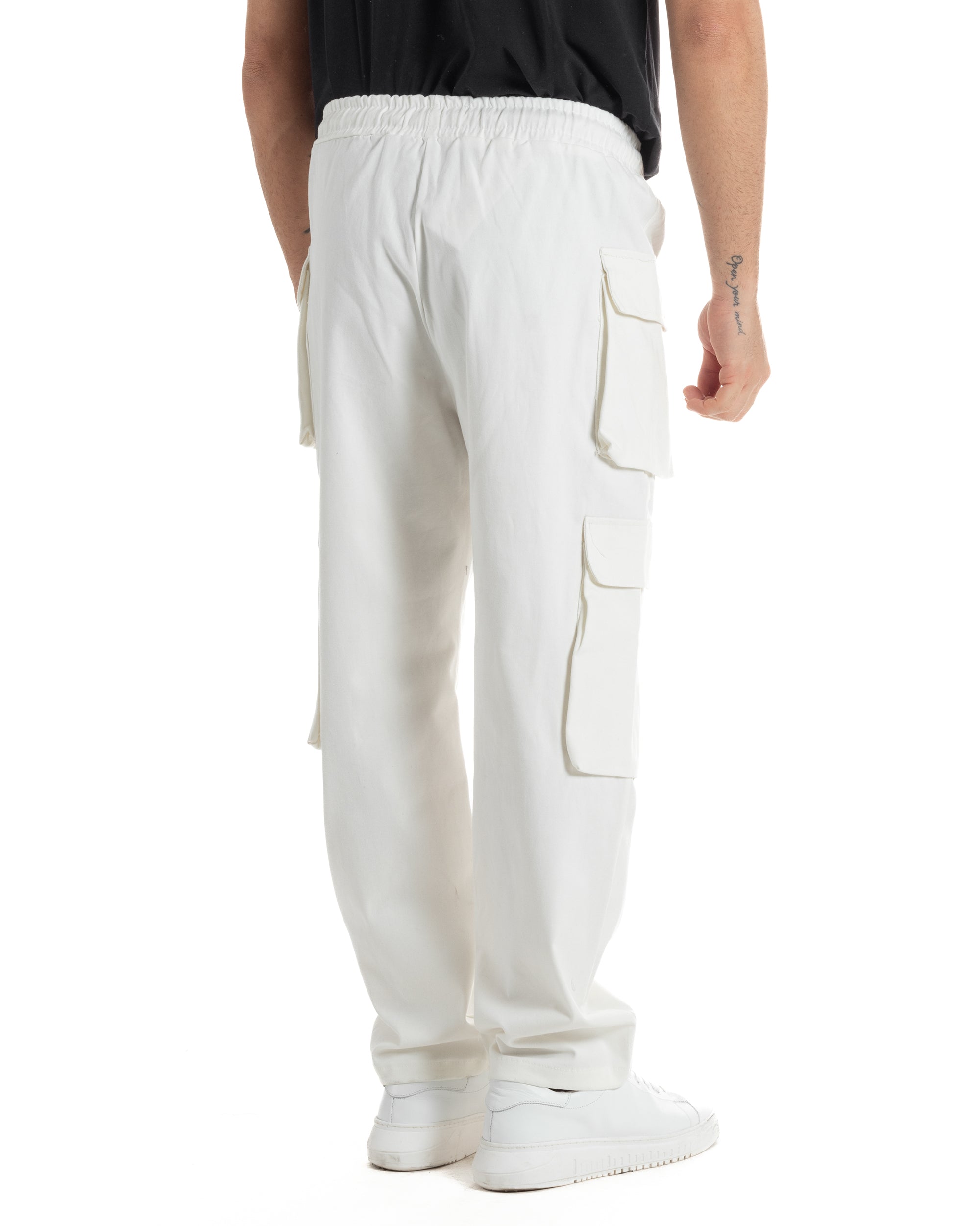 Pantaloni Uomo Pantalaccio Con Tasconi Cargo Baggy Bianco Con Coulisse Fondo Largo GIOSAL-P6007A